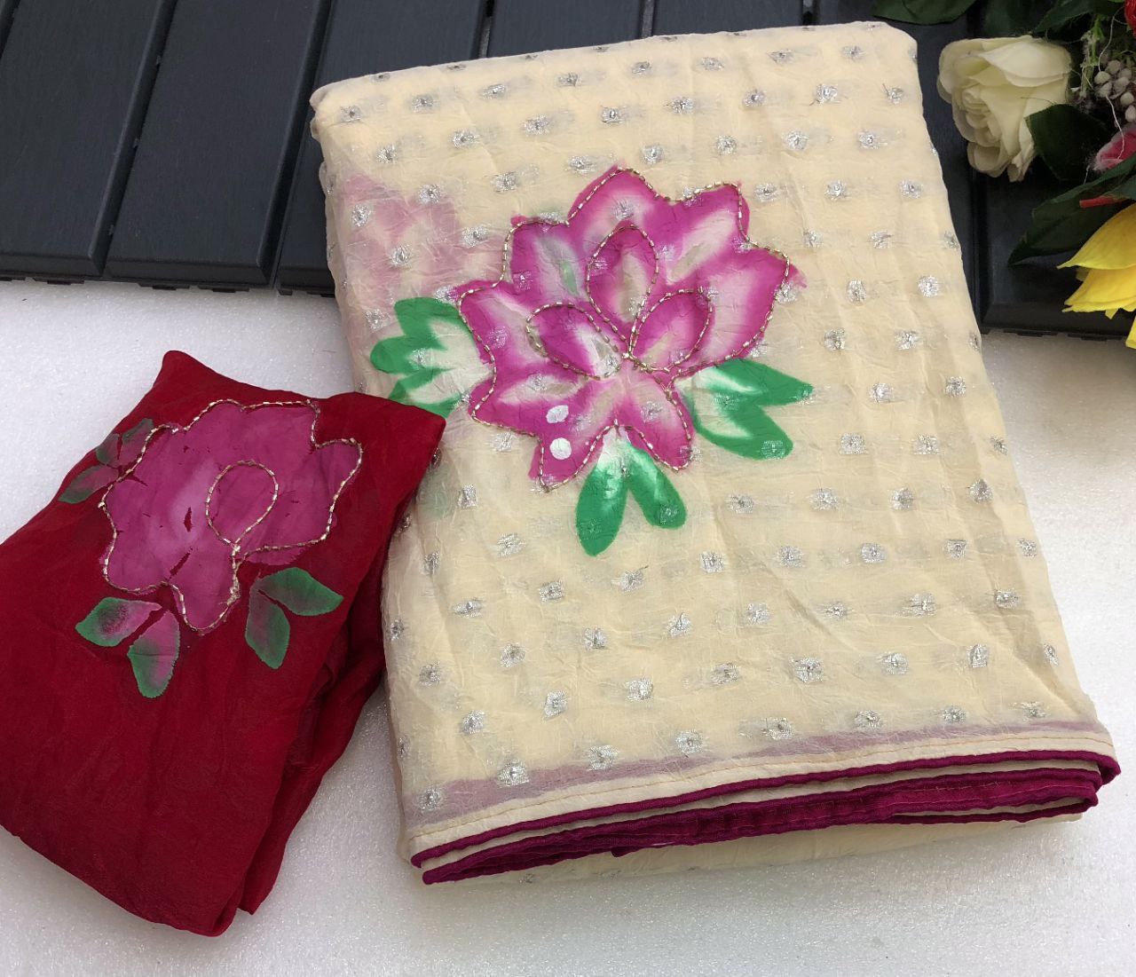 Ayza Designer Chiffon Silver Butti Weaving Saree with Hand Brush Print