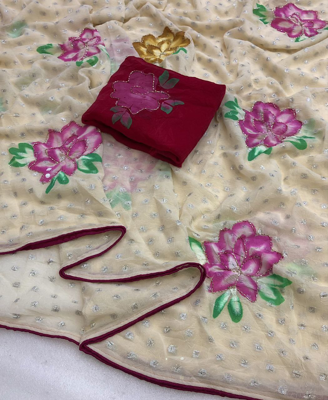 Ayza Designer Chiffon Silver Butti Weaving Saree with Hand Brush Print