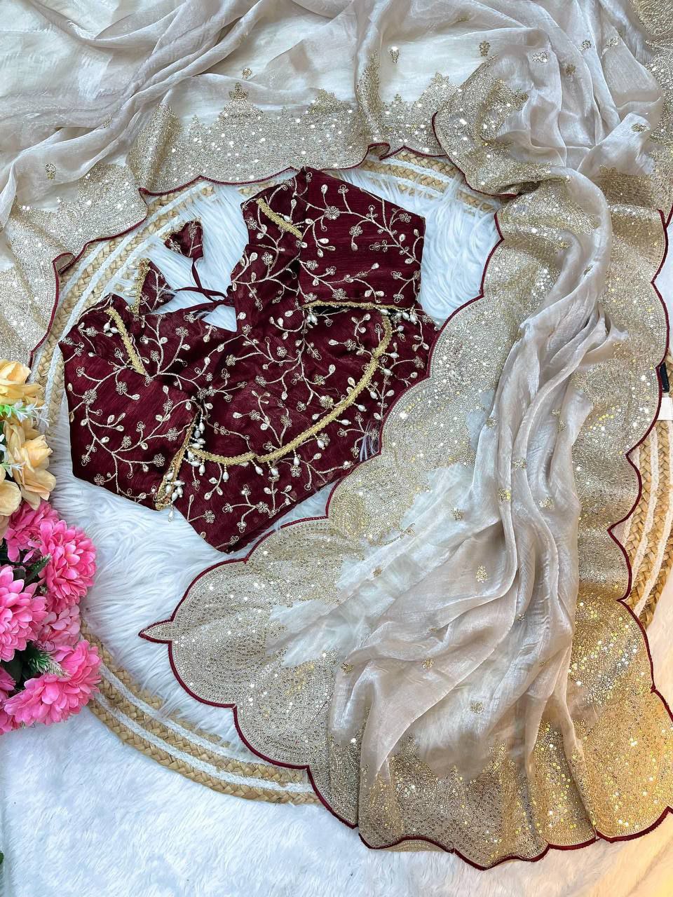 Blush Pure Soft Fendy chiffon 3 mm Sequence Border Work Saree