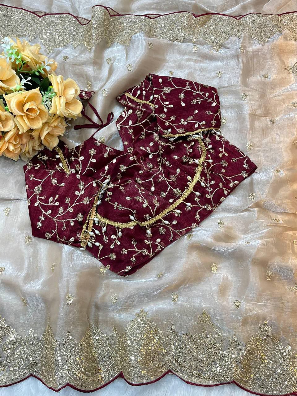 Blush Pure Soft Fendy chiffon 3 mm Sequence Border Work Saree