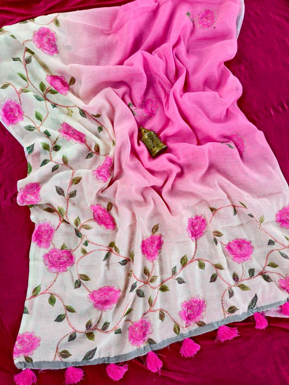 Sanwari linen Printed Khatli Work Saree
