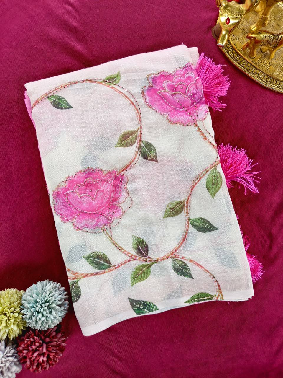 Sanwari linen Printed Khatli Work Saree