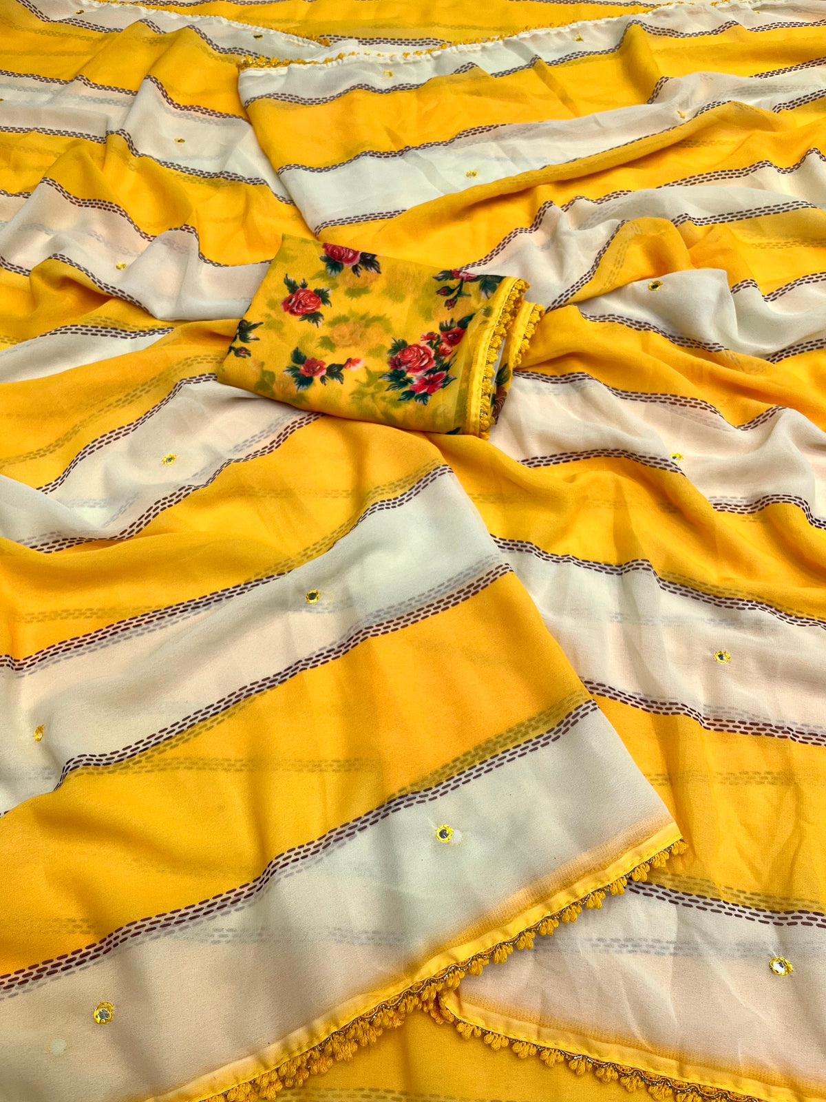 Kesar Weightless Chiffon Geometric Lining Print Saree