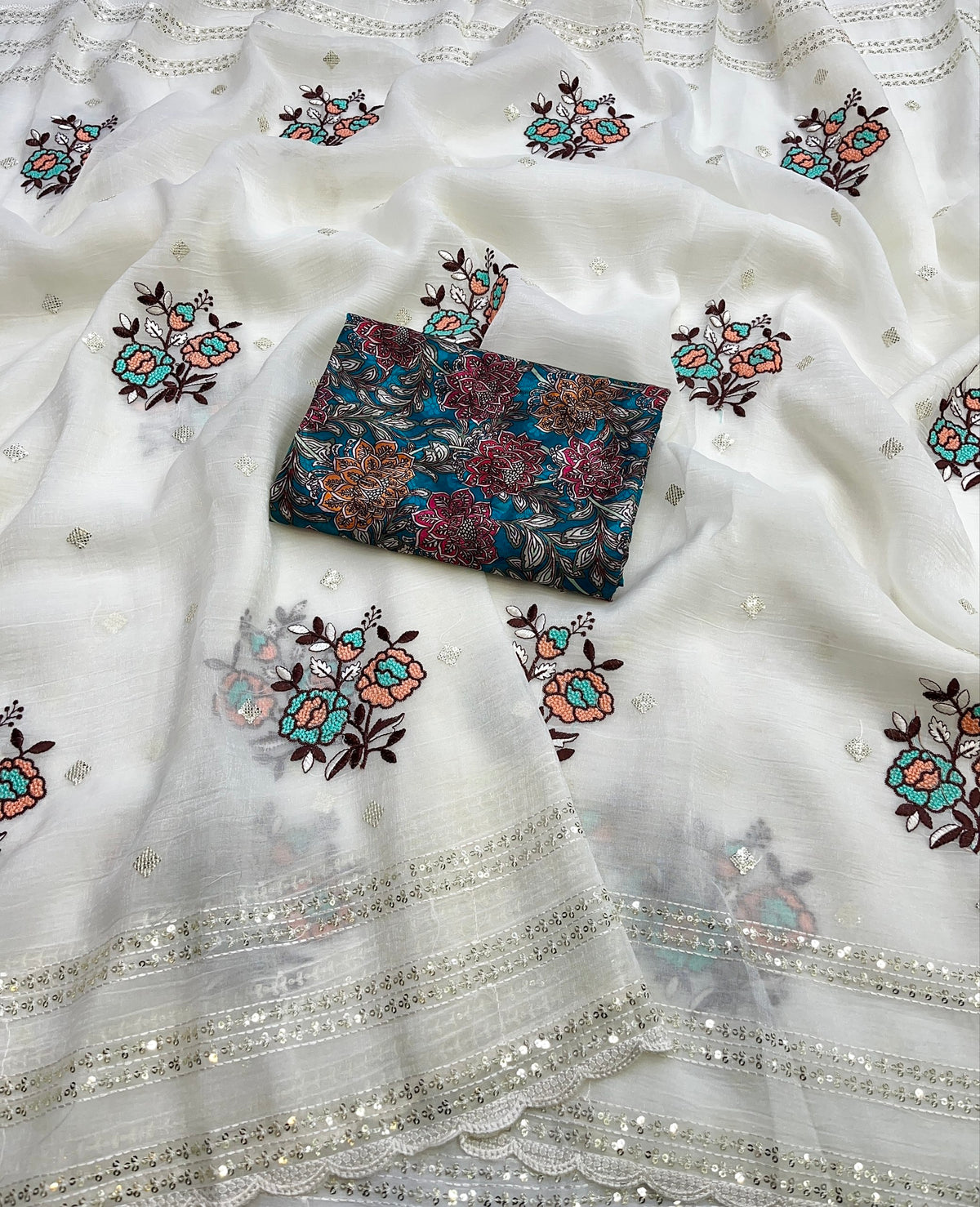 Whiteflower Crunchy Silk Crush Embroidery Work Saree