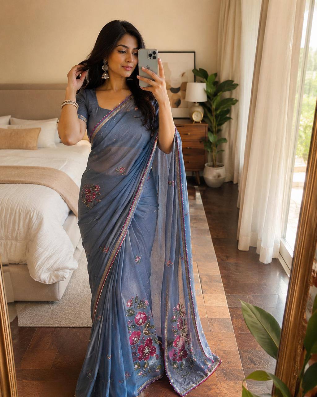 Neerja Mal Cotton Print with Mirror Work Saree