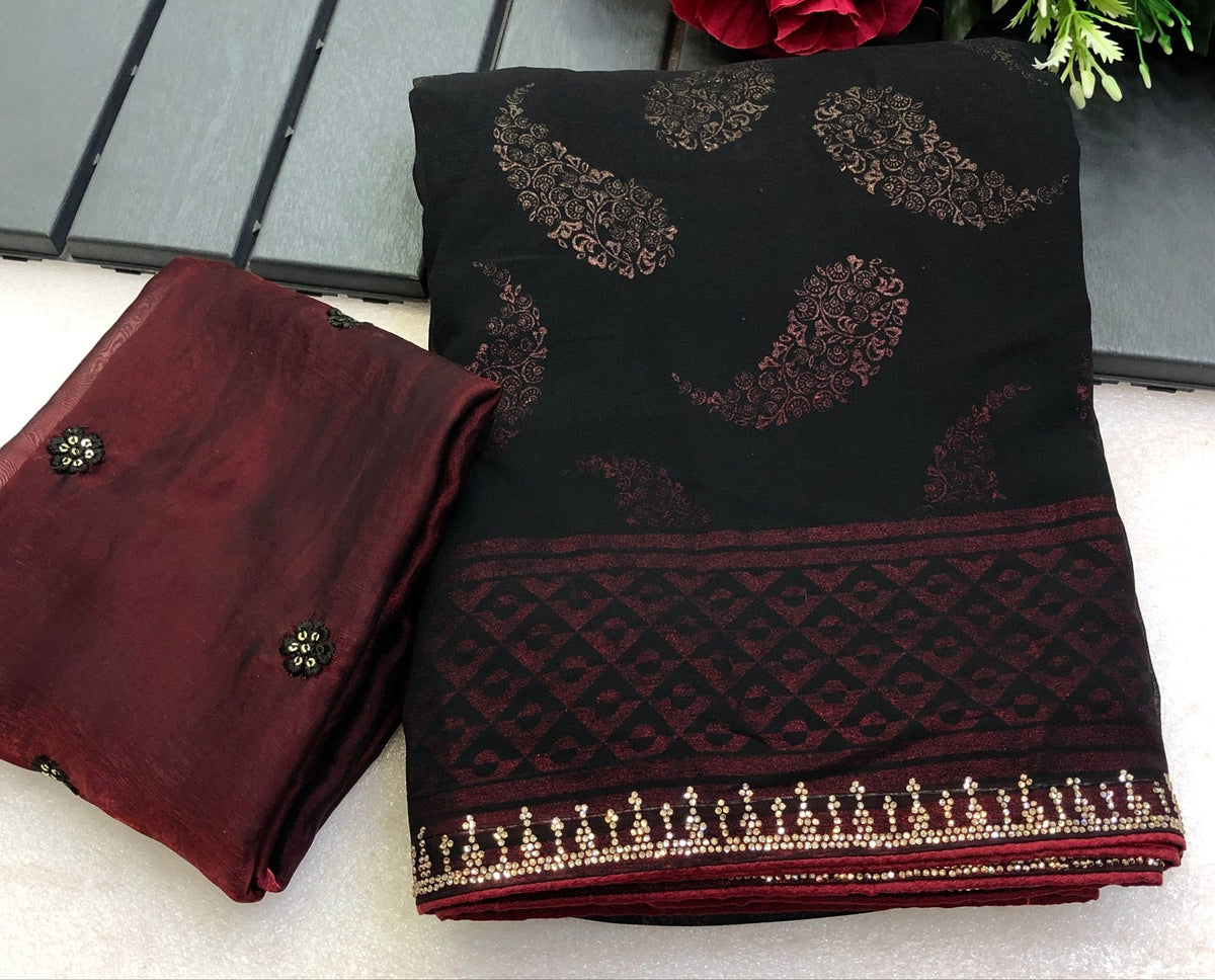 Folix Georgette Foil Print Jarkhan Work Saree