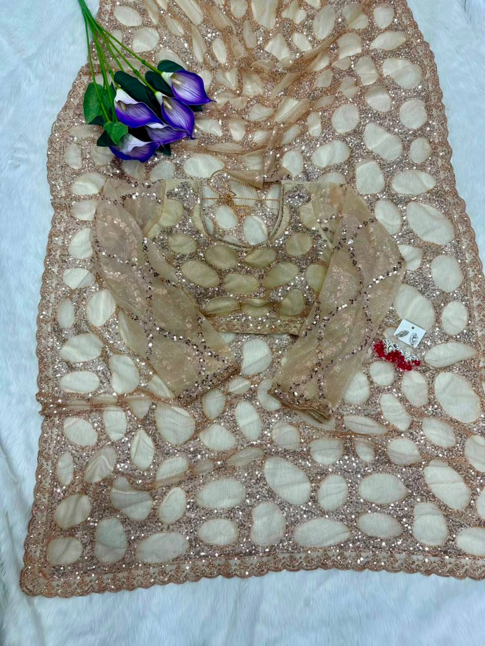 Jhalak Golden Net Beads Work Saree