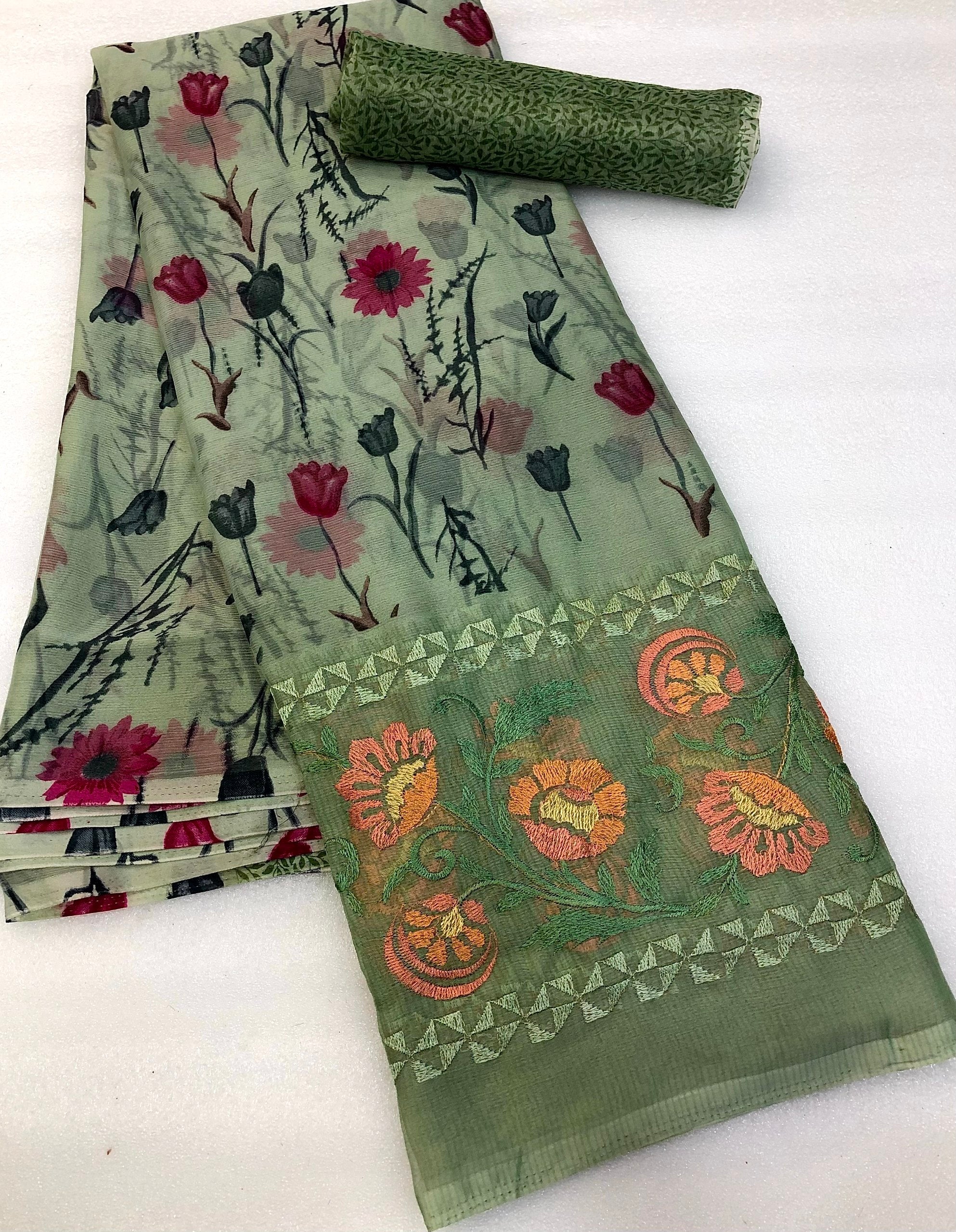 Indus Chiffon Floral Print Embroidery Saree