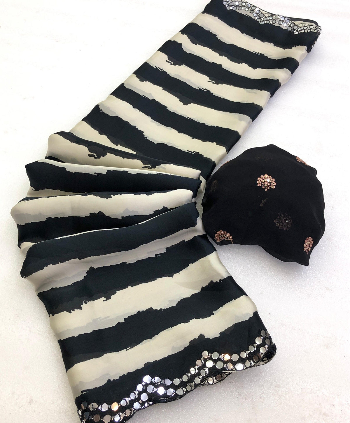 Narayani 4 Satin Georgette Black & White Stripe Saree