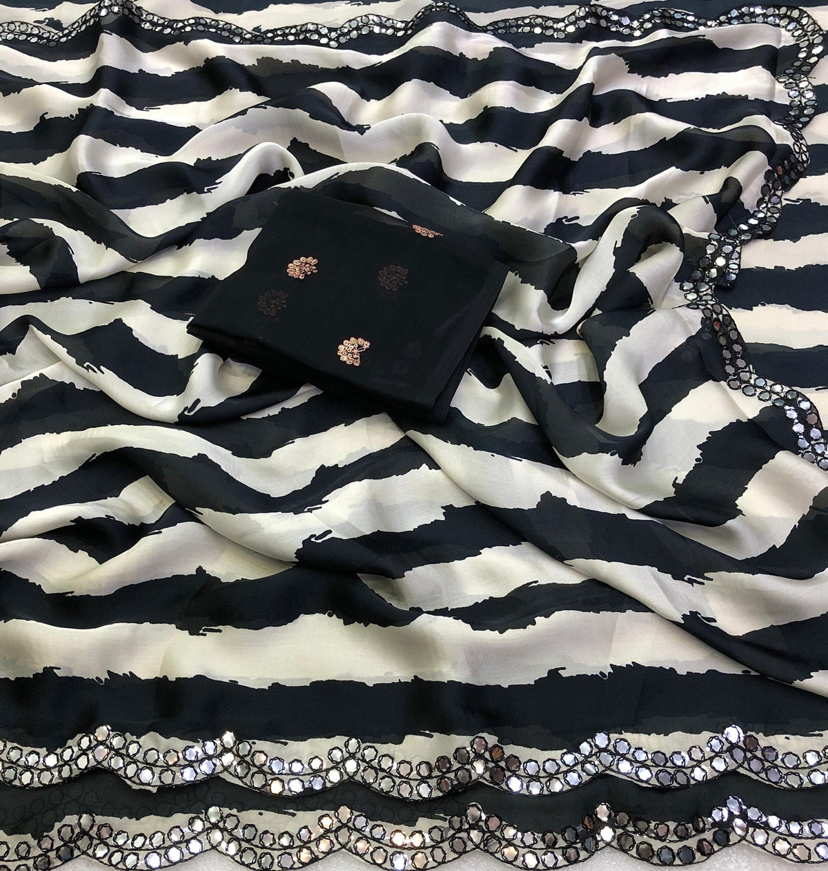 Narayani 4 Satin Georgette Black & White Stripe Saree