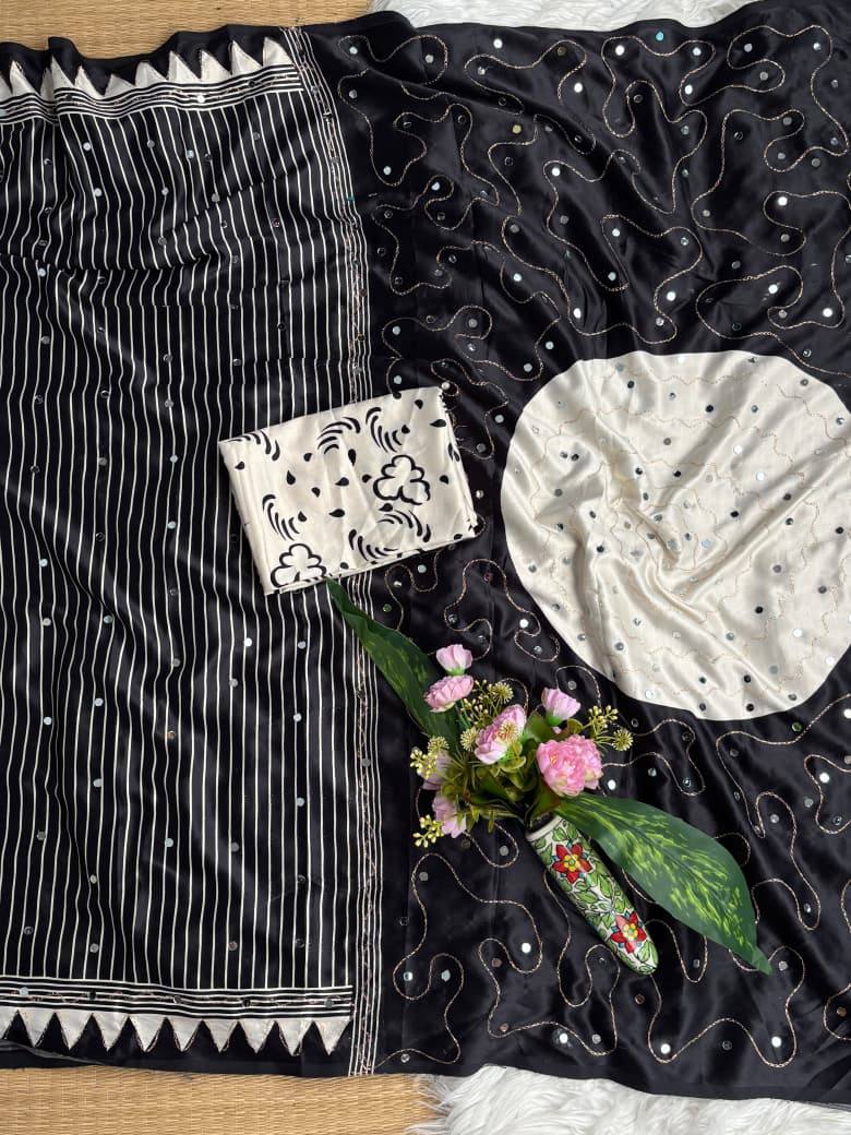 Charcoal Modal Silk Ajarak Print Mirror Work Saree