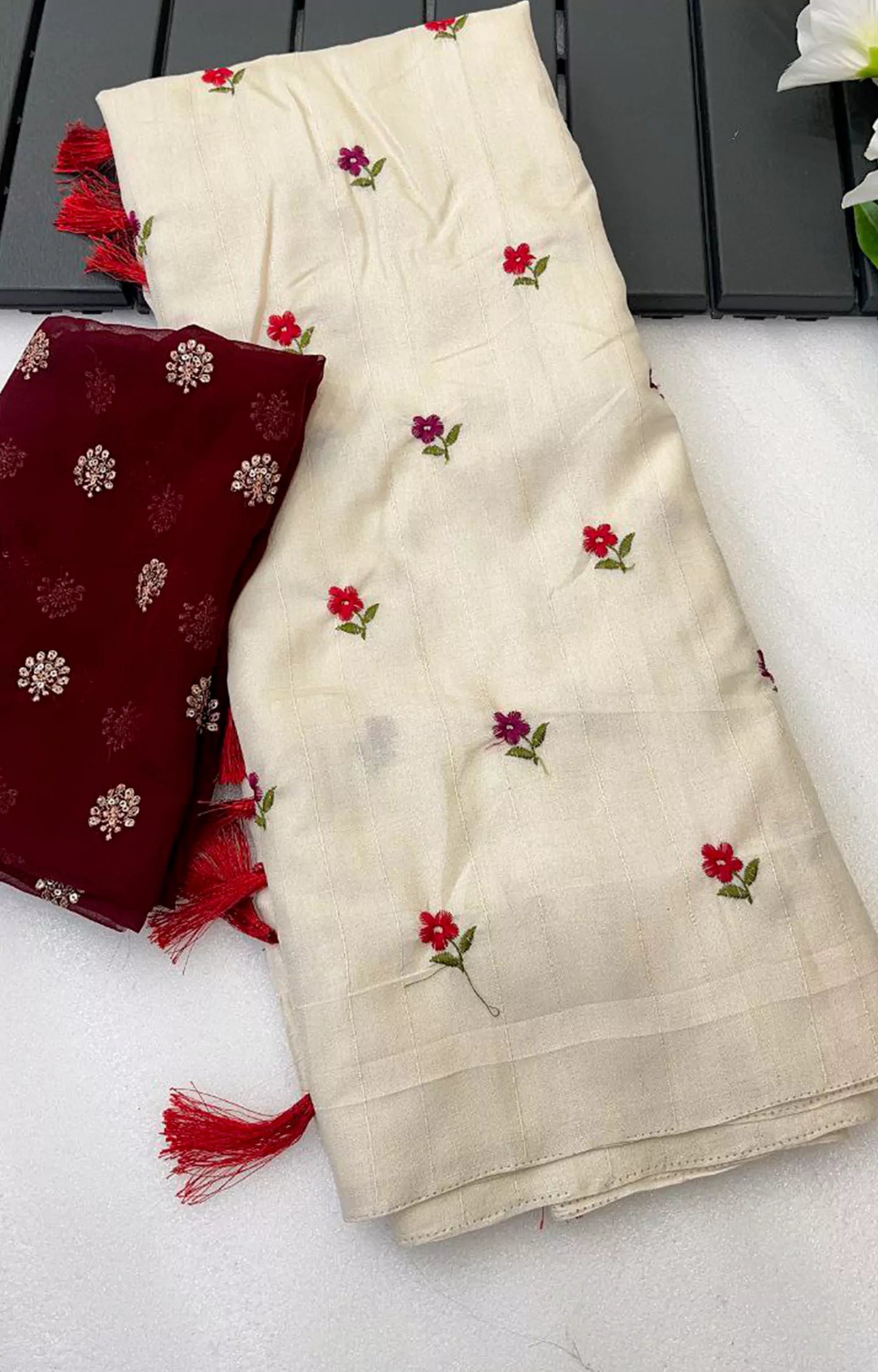 GULBARGA HANDLOOM TUSSER SILK BEAUTIFUL FLORAL EMBROIDERY WORK SAREE