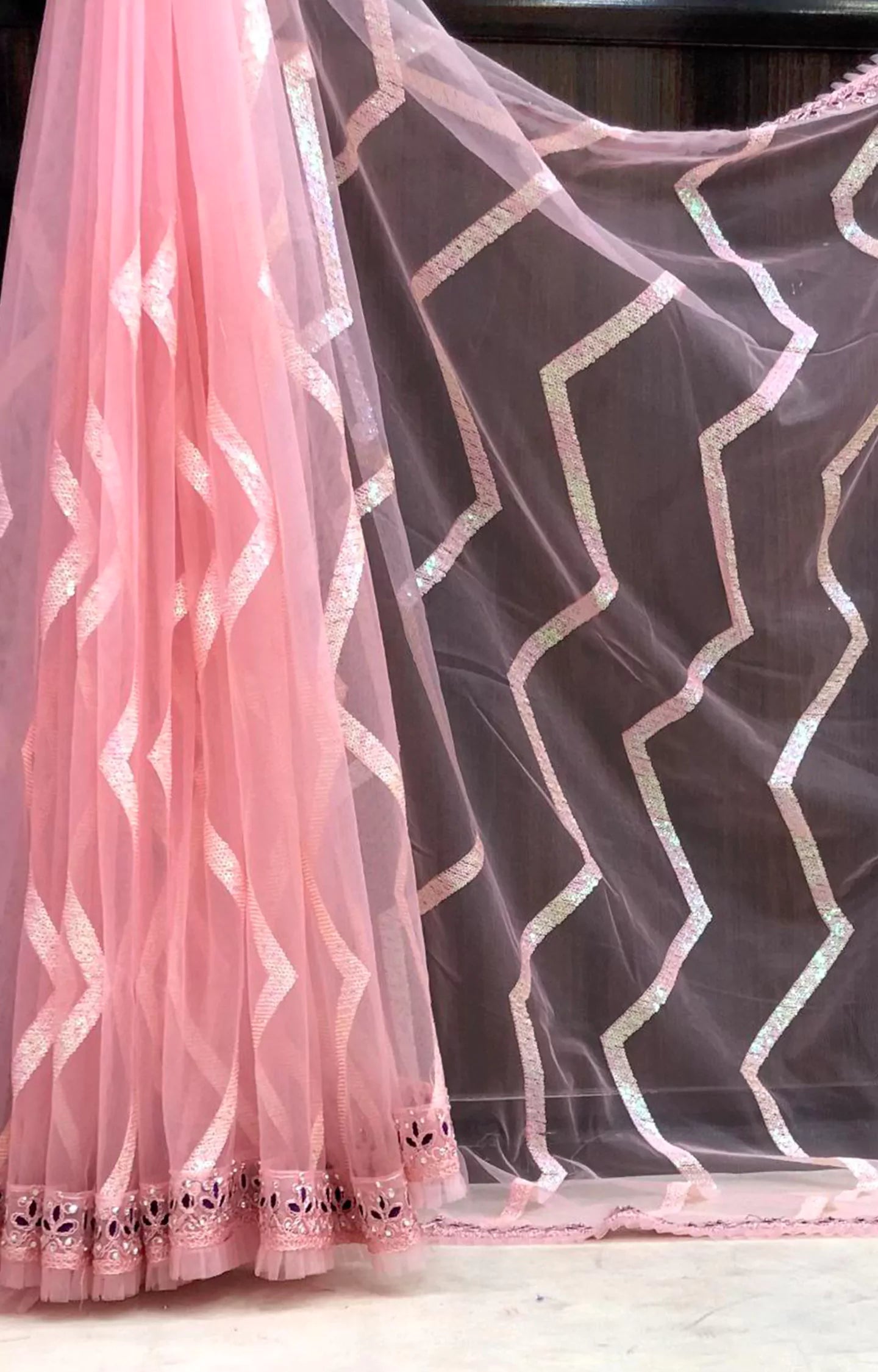 TUFIYA MONO NET FABRIC WITH ZIGZAG SEQUENCE WORK SAREE.