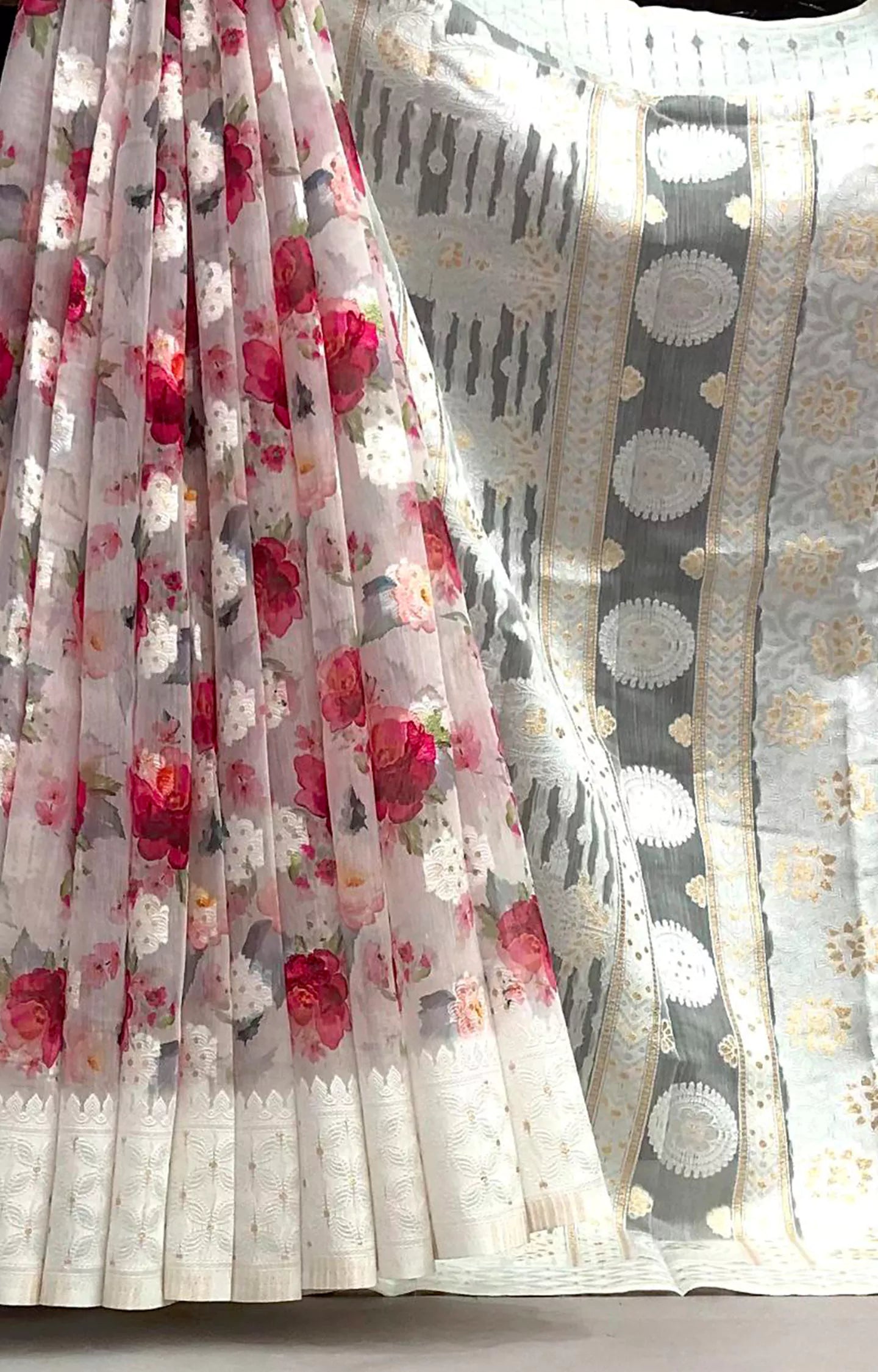 FLOKI SOFT LUCKNOWI FLORAL DIGITAL PRINTED SAREE