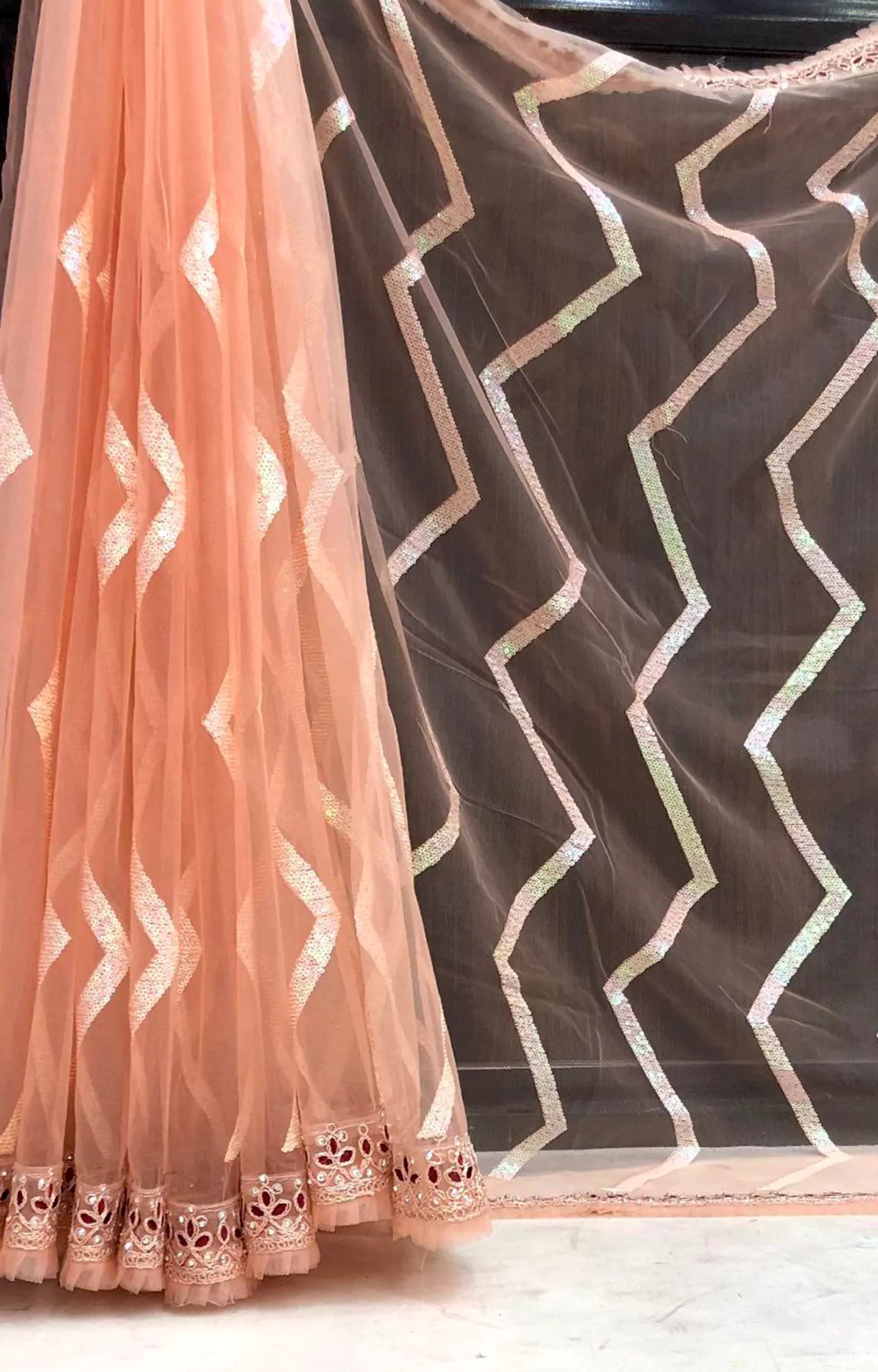 TUFIYA MONO NET FABRIC WITH ZIGZAG SEQUENCE WORK SAREE.