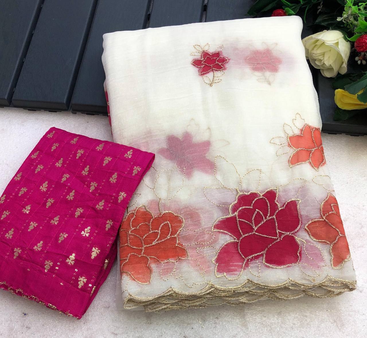 Hispanic Crunchy Gold Zari Embroidery Saree