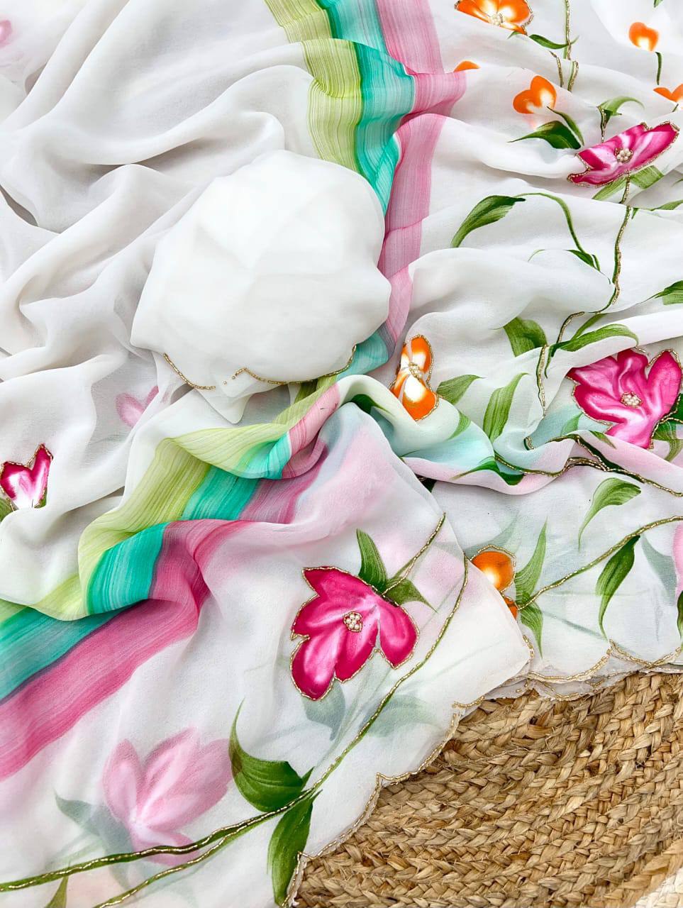 Solid Soft Pure Georgette Handwork Saree