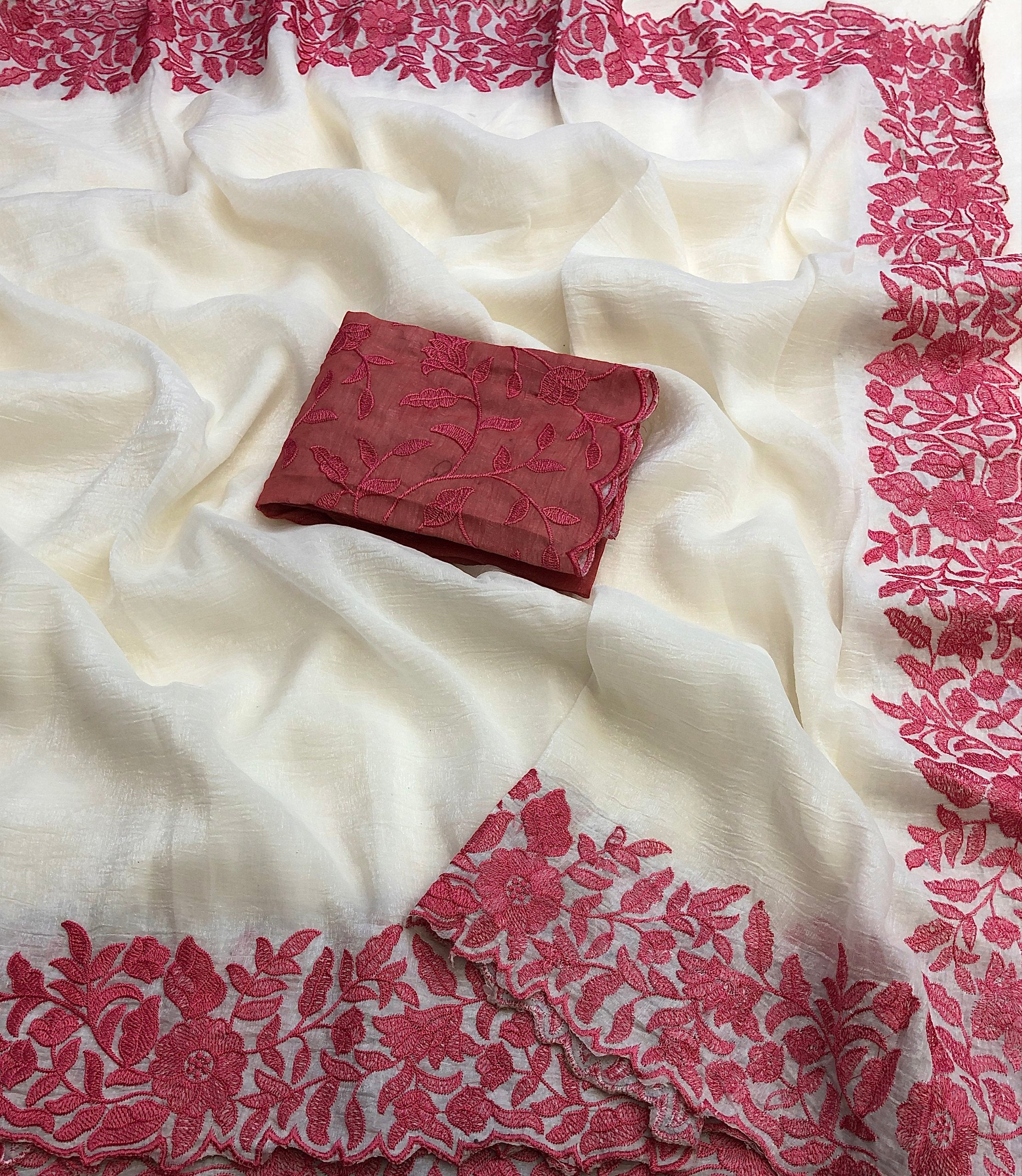 Safeda Crunchy Crush Silk Floral Embroidery Work Saree