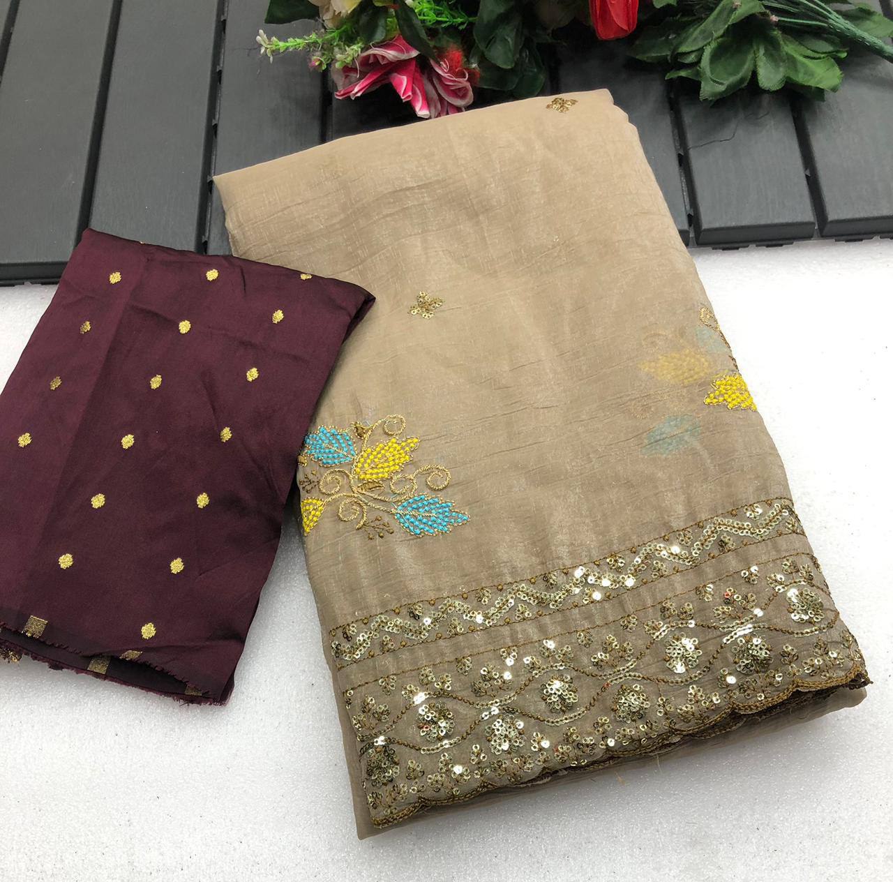 Ash Soft Crunchy Embroidery Work Saree