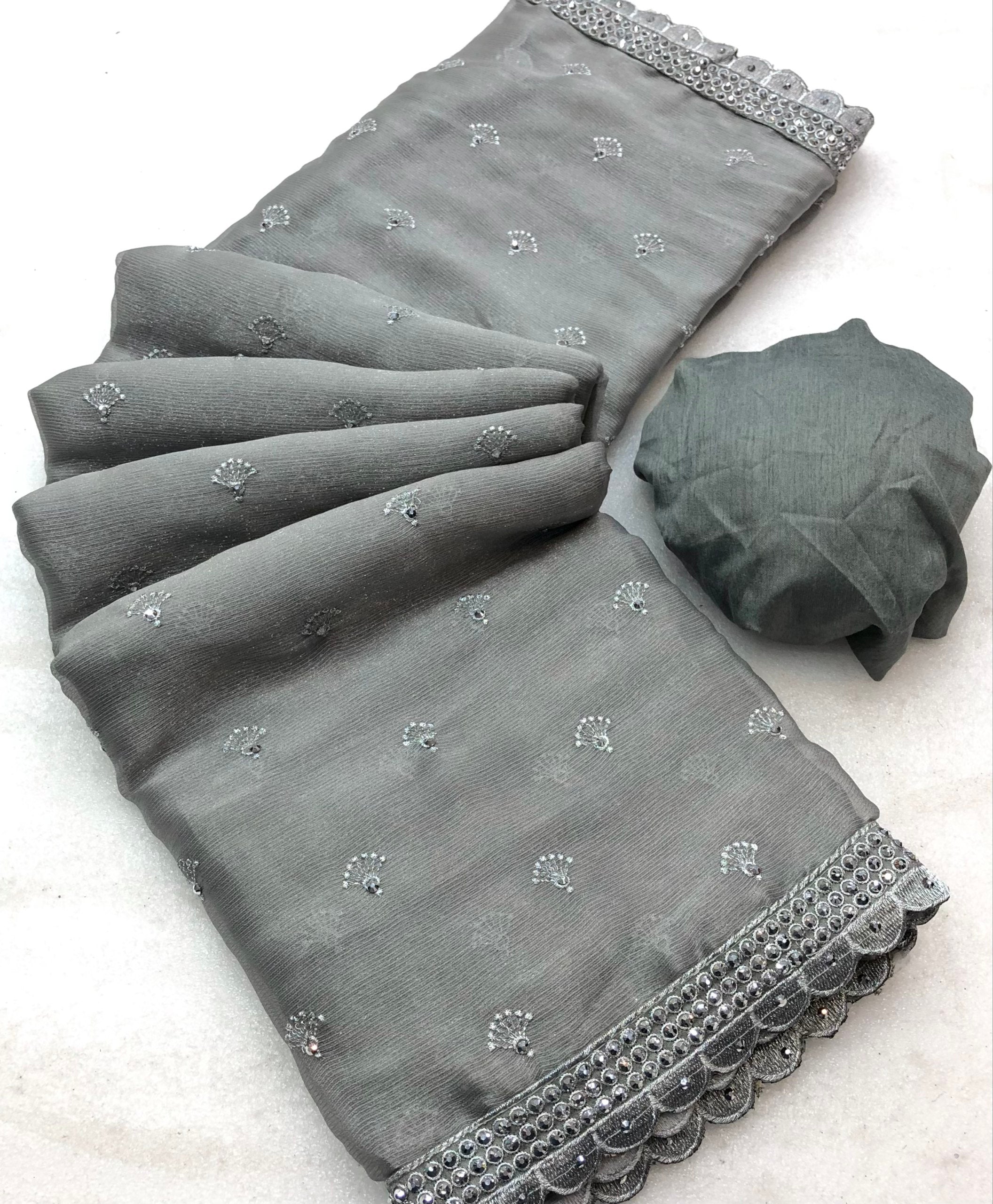 Masira Wrinkle Chiffon Embroidery Work Butti Saree