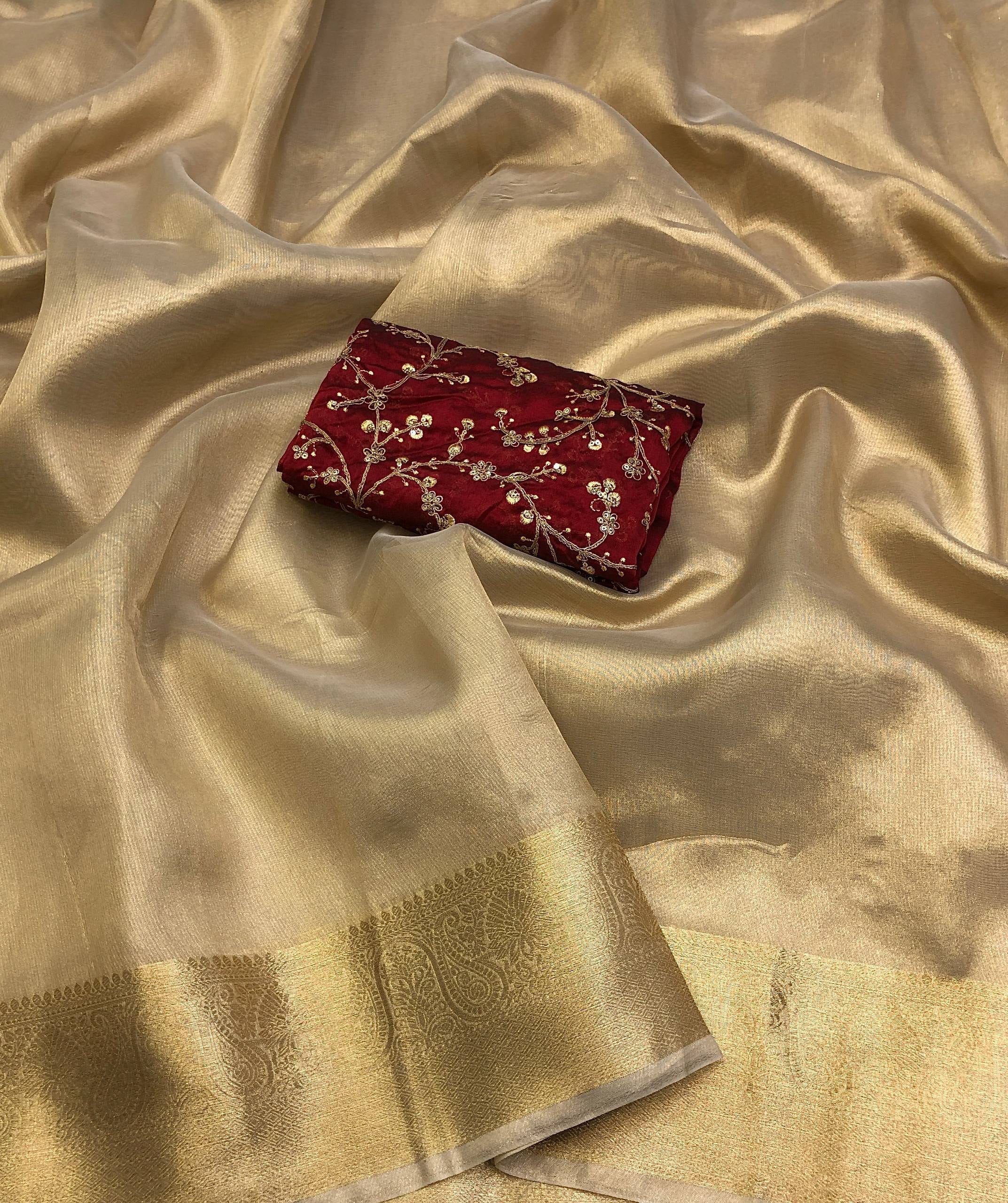 Goldish Tissue Silk Gold Zari Weaving Saree