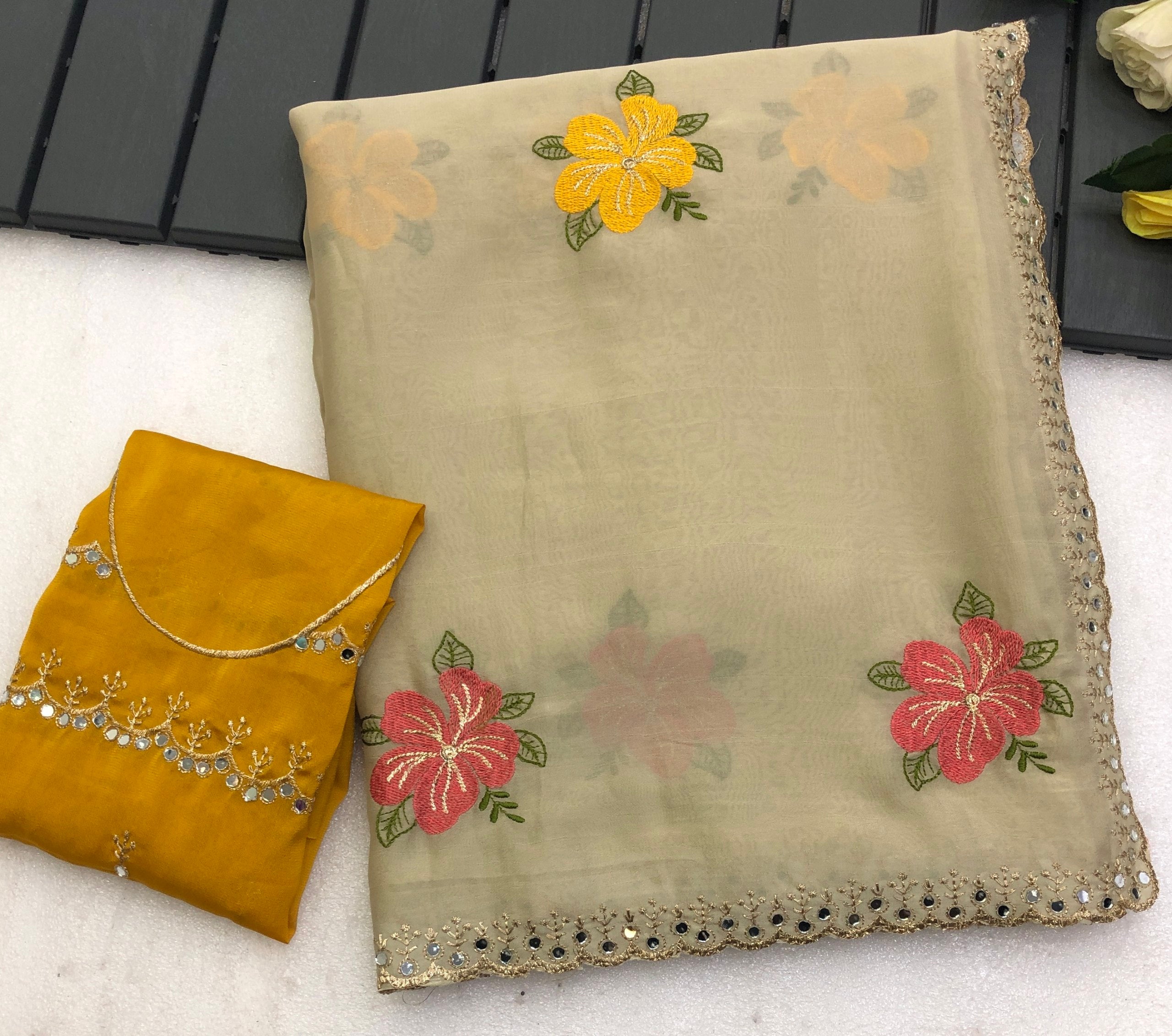 Prodot Chiffon Floral Embroidery Thread Work Saree