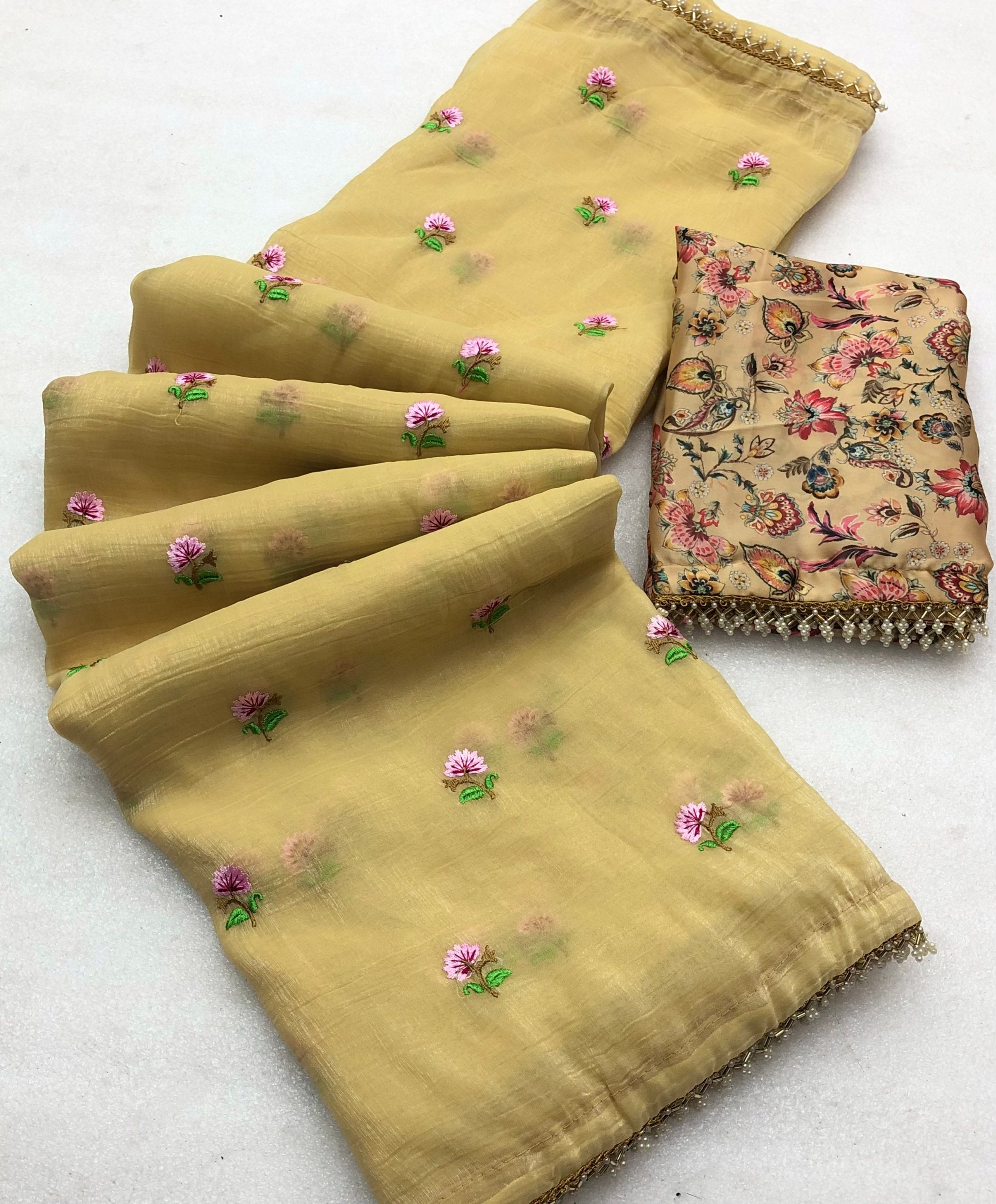 Walter Chiffon Crush With Floral Embroidery Butti Saree