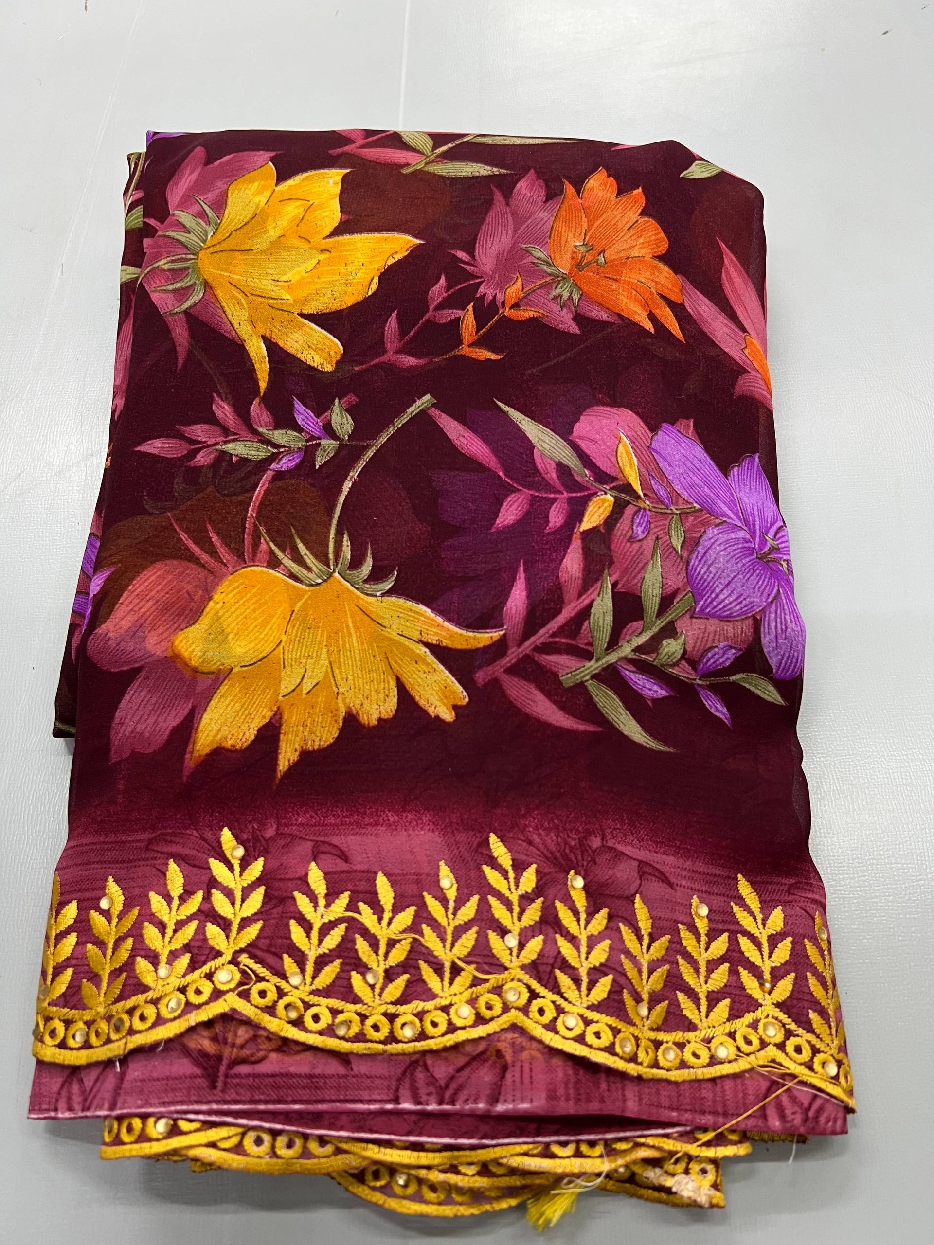 Chiffon Print Embroidery Work Saree