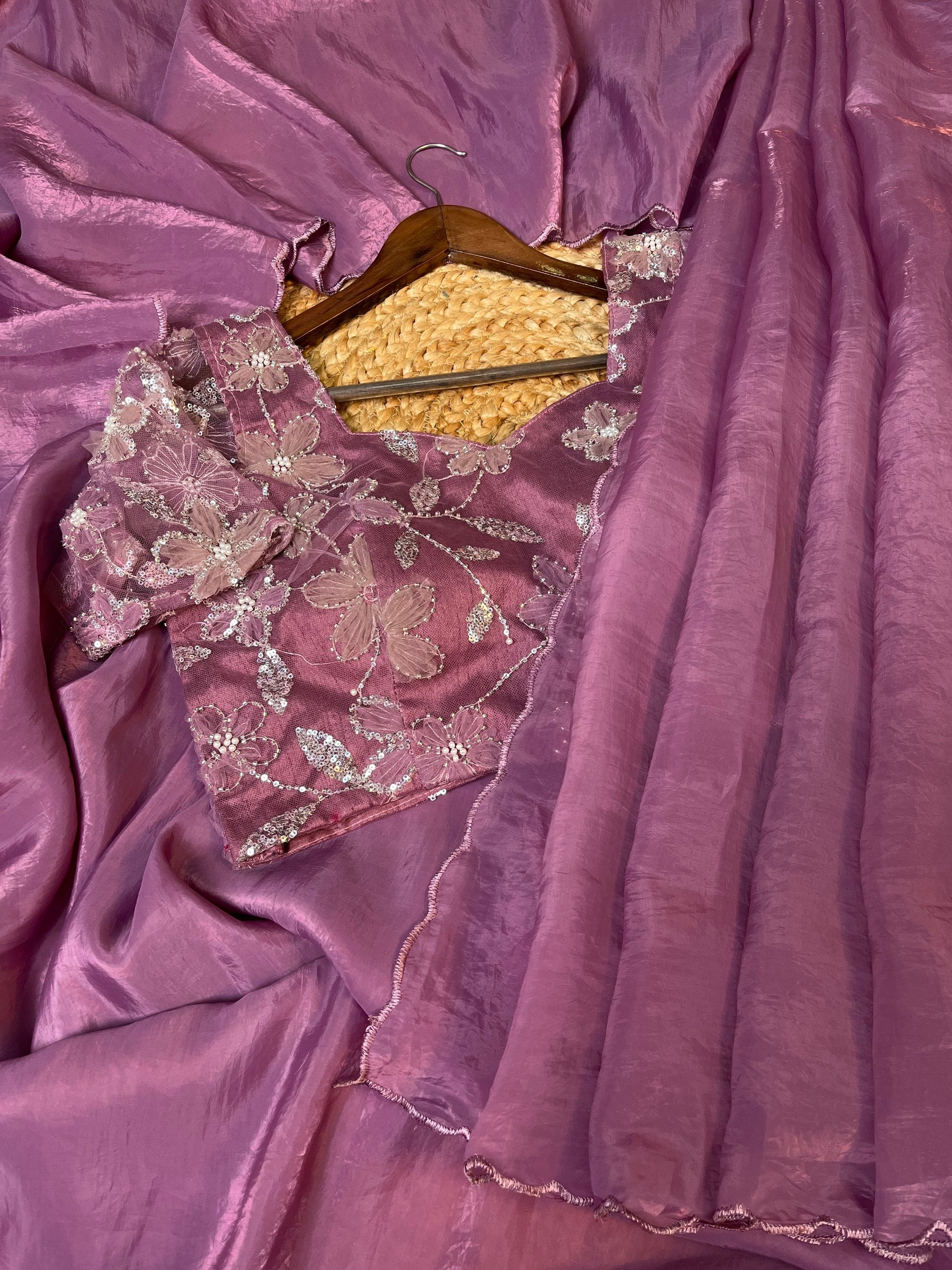 Tafseel Soft Gold Crush Satin With Embroidery Work Saree