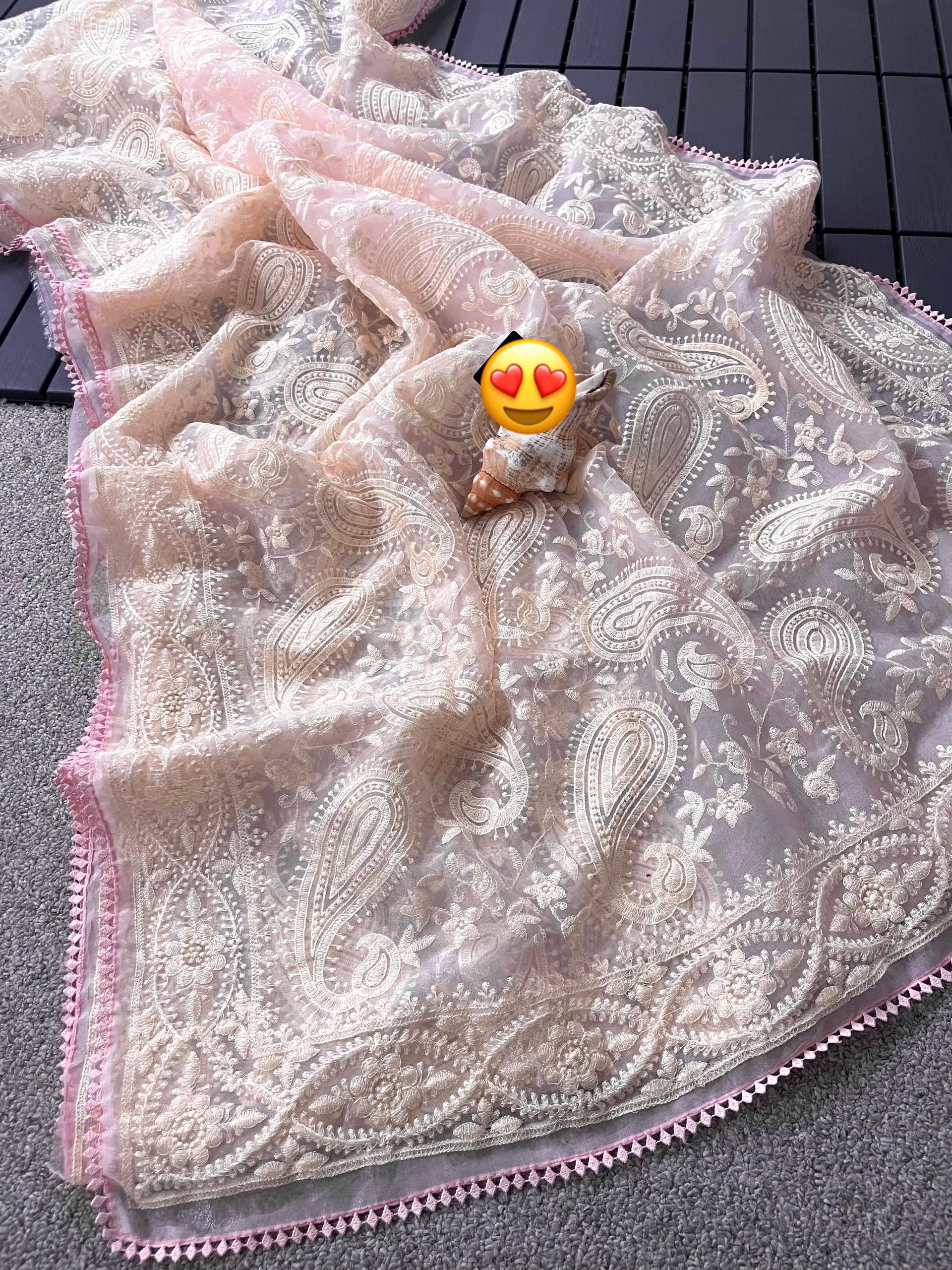 Ship Pure Organza Tissue Chiken Work Saree