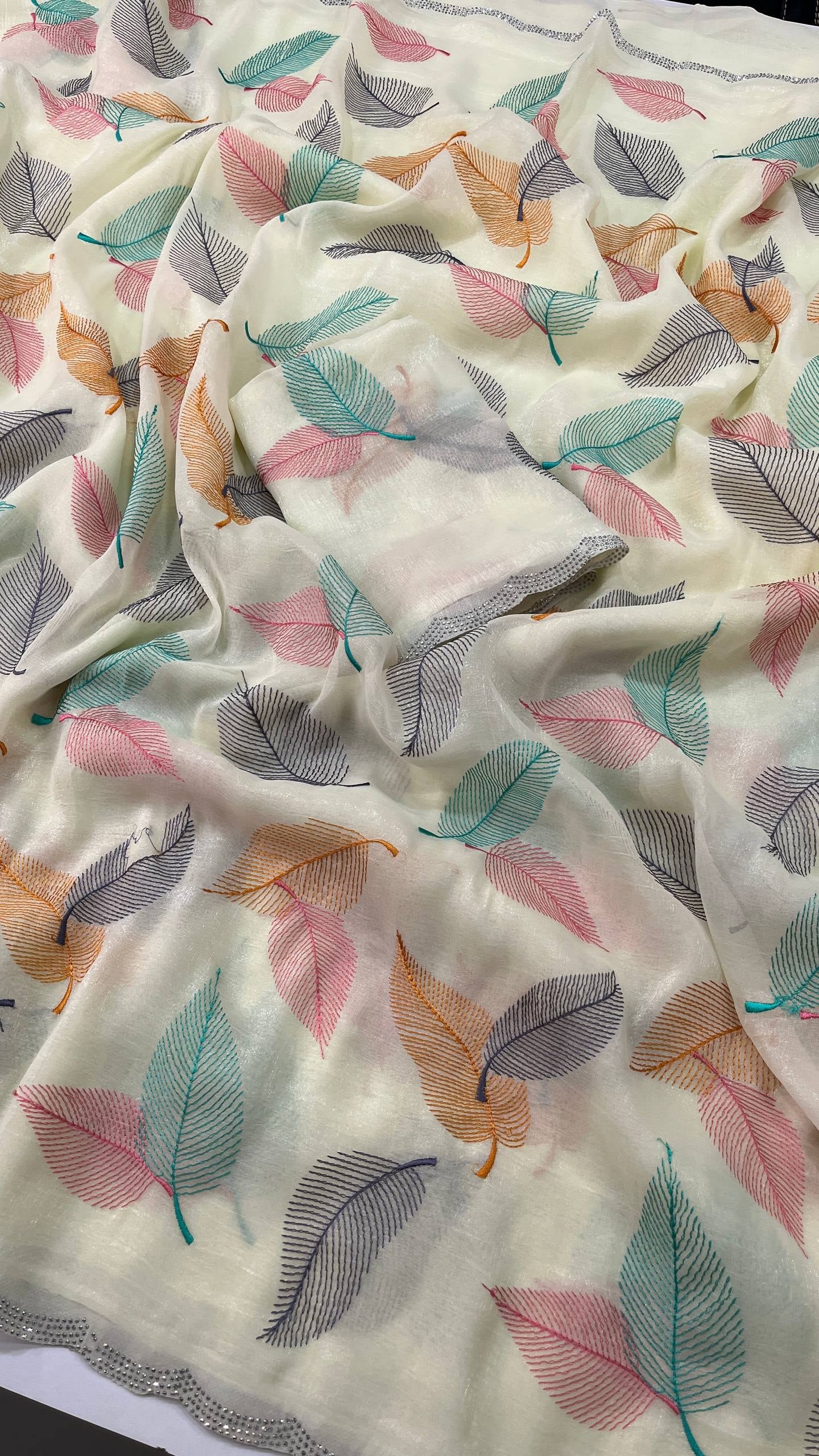 Bract Crush Chiffon Multi Leaf Embroidery Work Saree