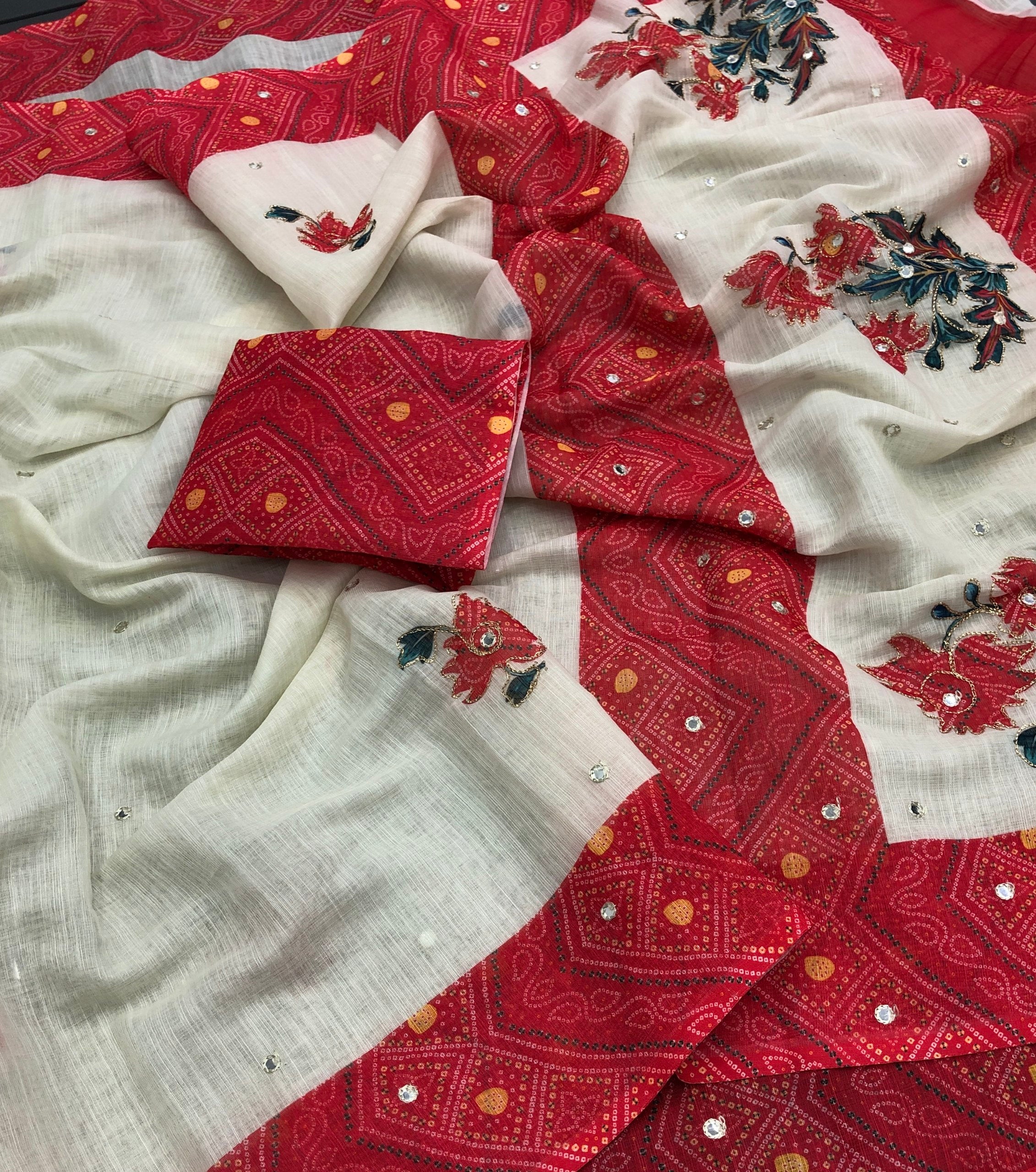 Fanoos Soft Linen Bandhani Printed Saree