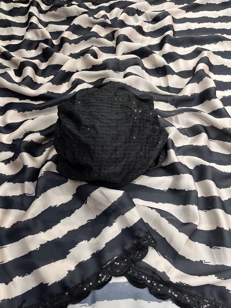 Narayani Georgette Satin Black & White Digital Printed Saree