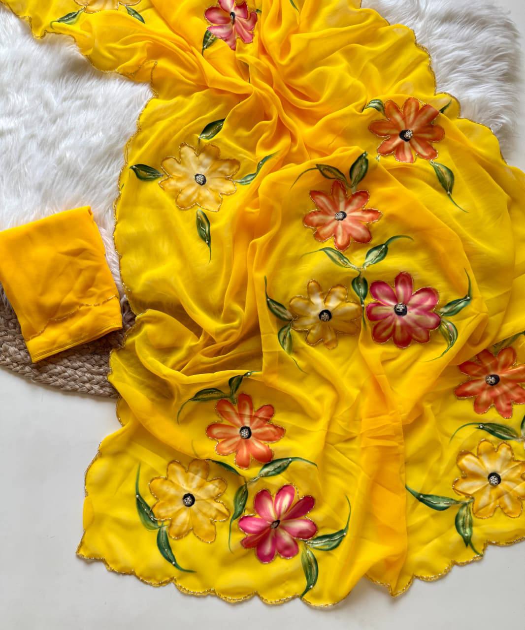 Fade Georgette Khatli and Hand Brush Saree