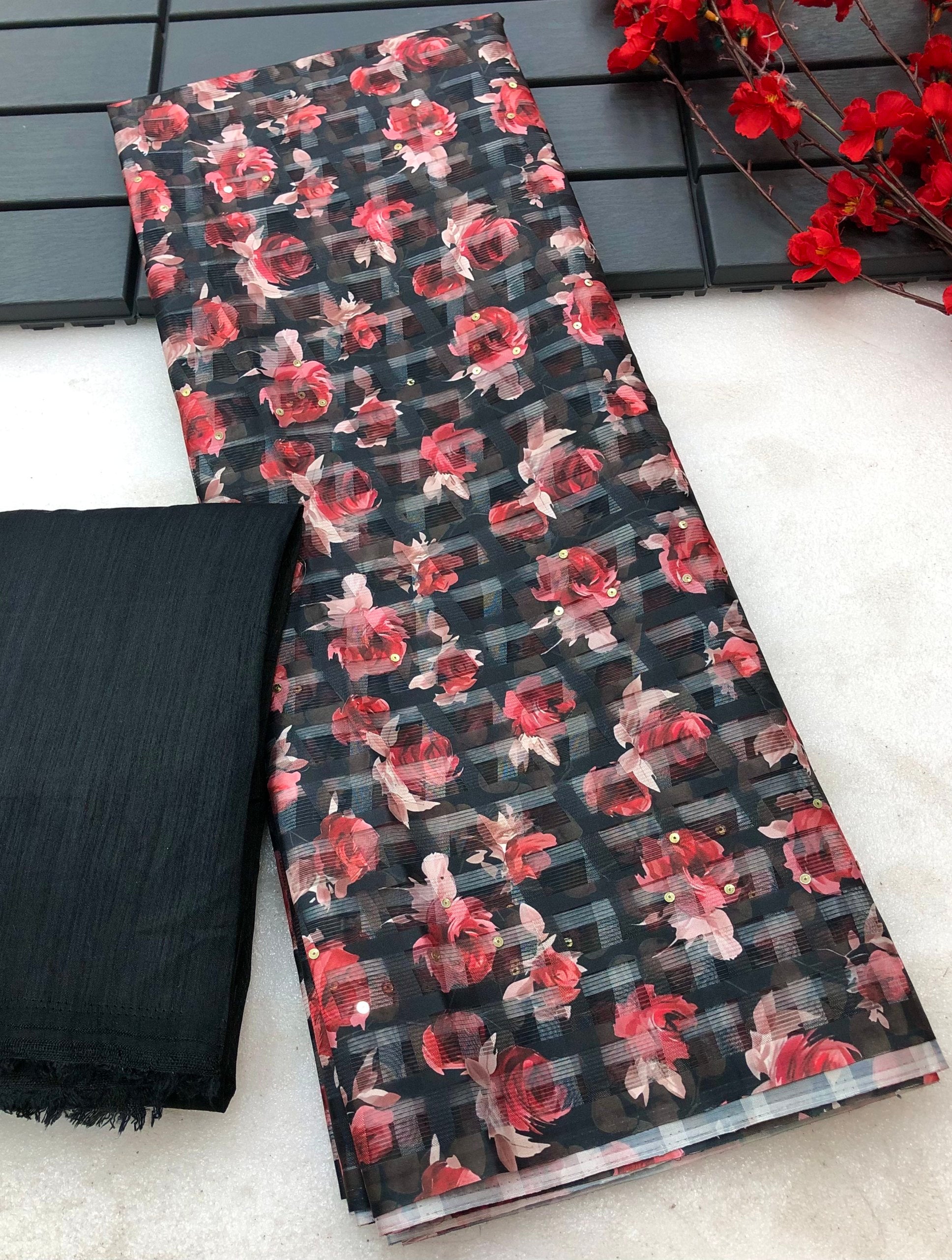 Sanghin Chiffon Chex Weaving Digital Print Saree