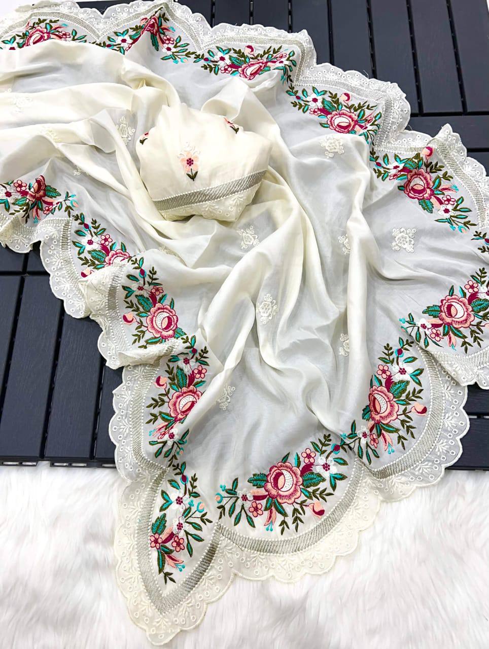 Rickelton Tussar Silk Embroidery Viscose Thread Work Saree