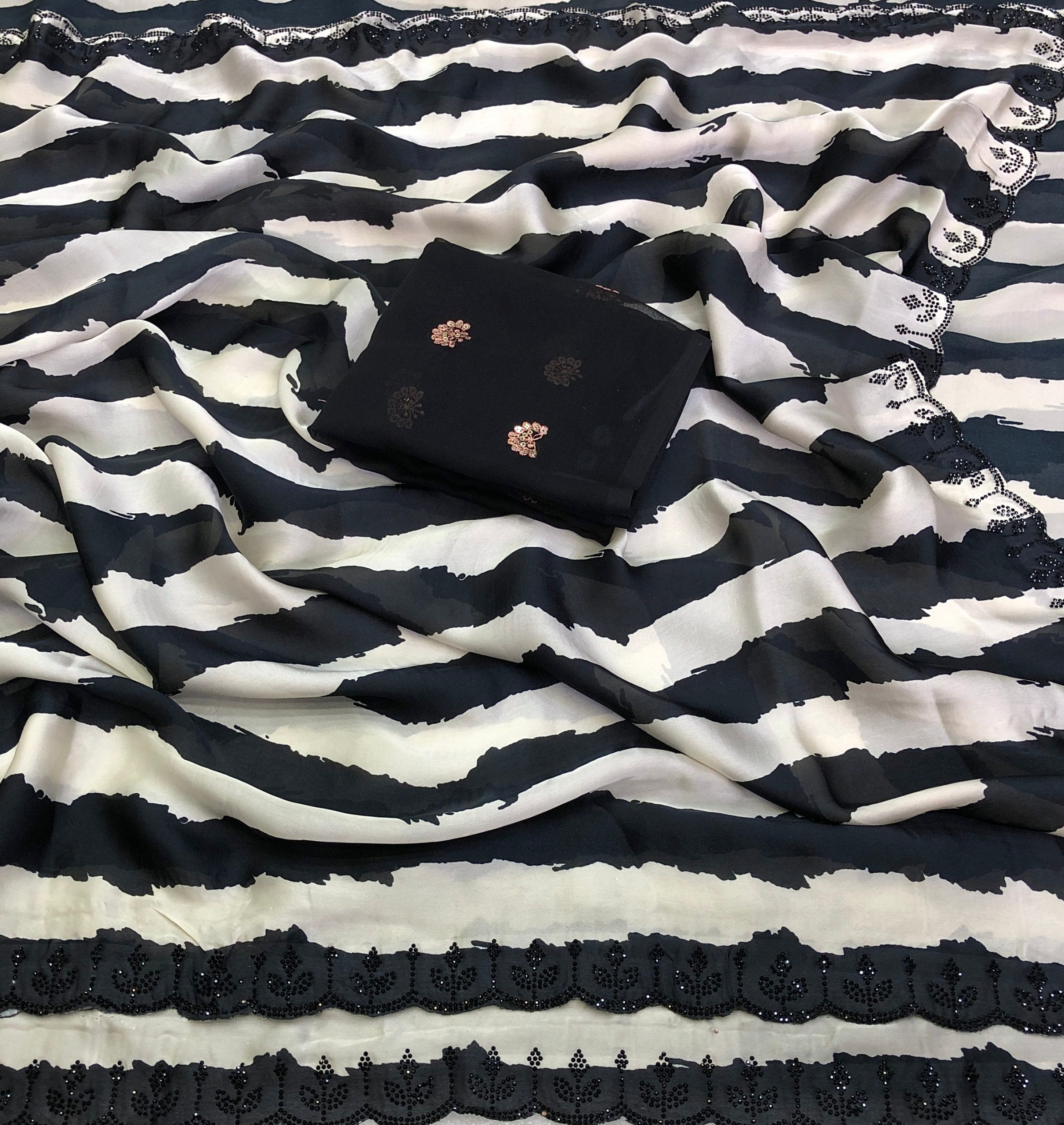 Narayani 3 Satin Georgette Black & White Print Saree
