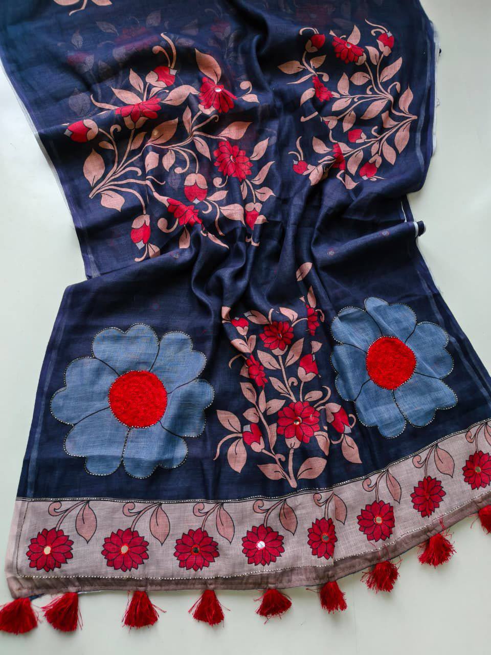 Barza Linen Cotton Printed Handwork Saree