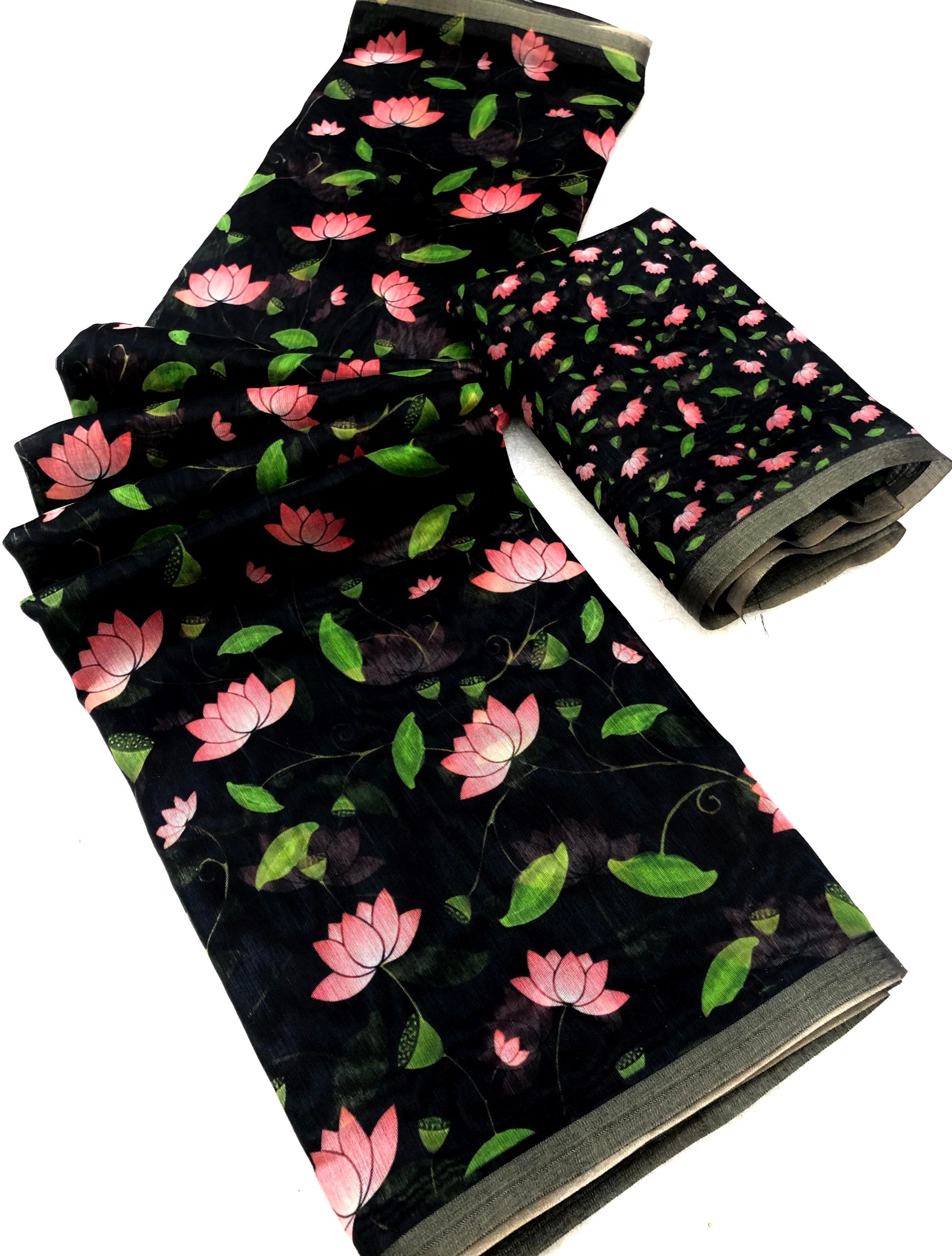Malaik Soft Chenderi Lotus Digital Print Saree