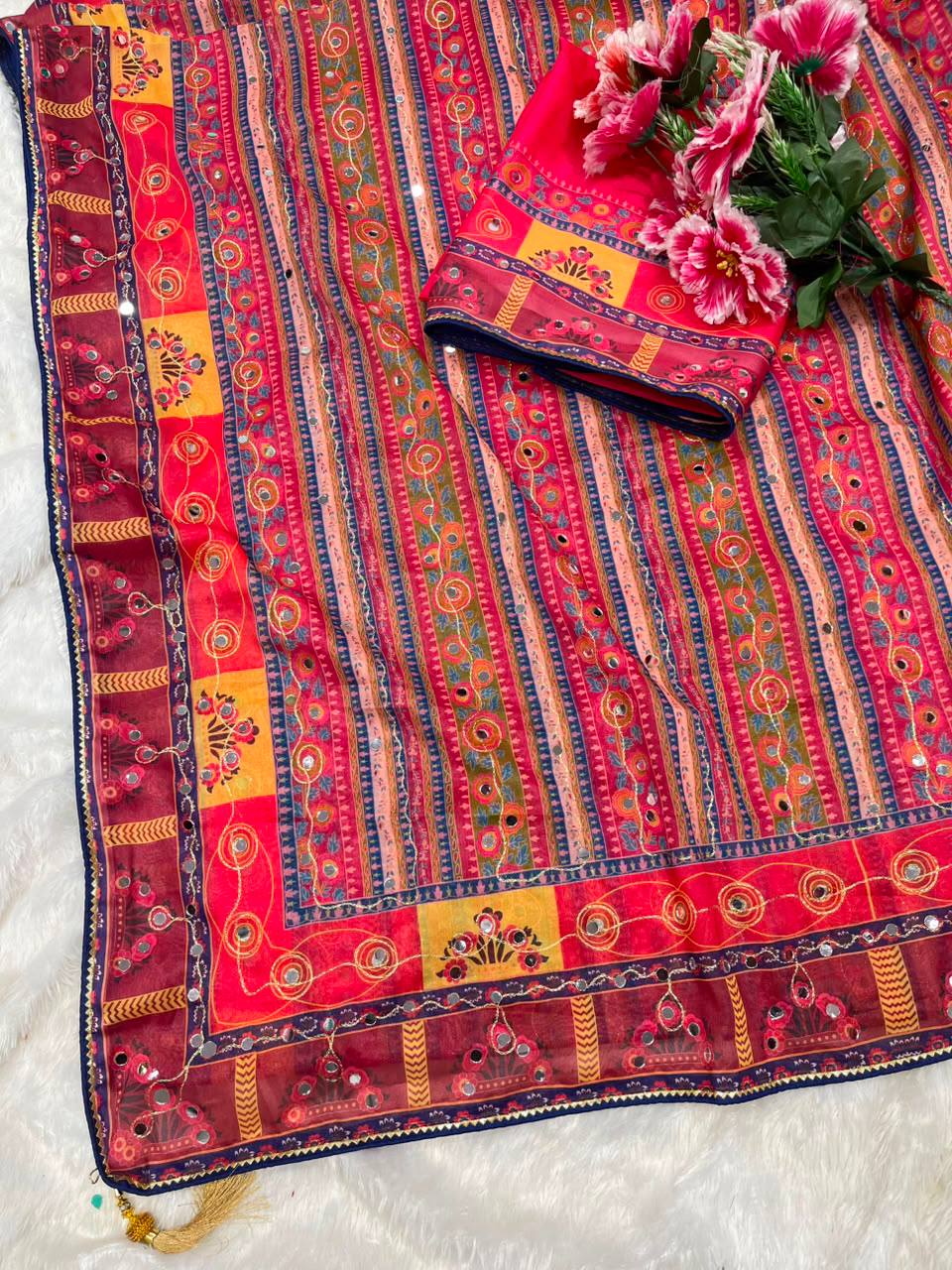 Vilara Chinnon Silk Printed Mirror Work Saree