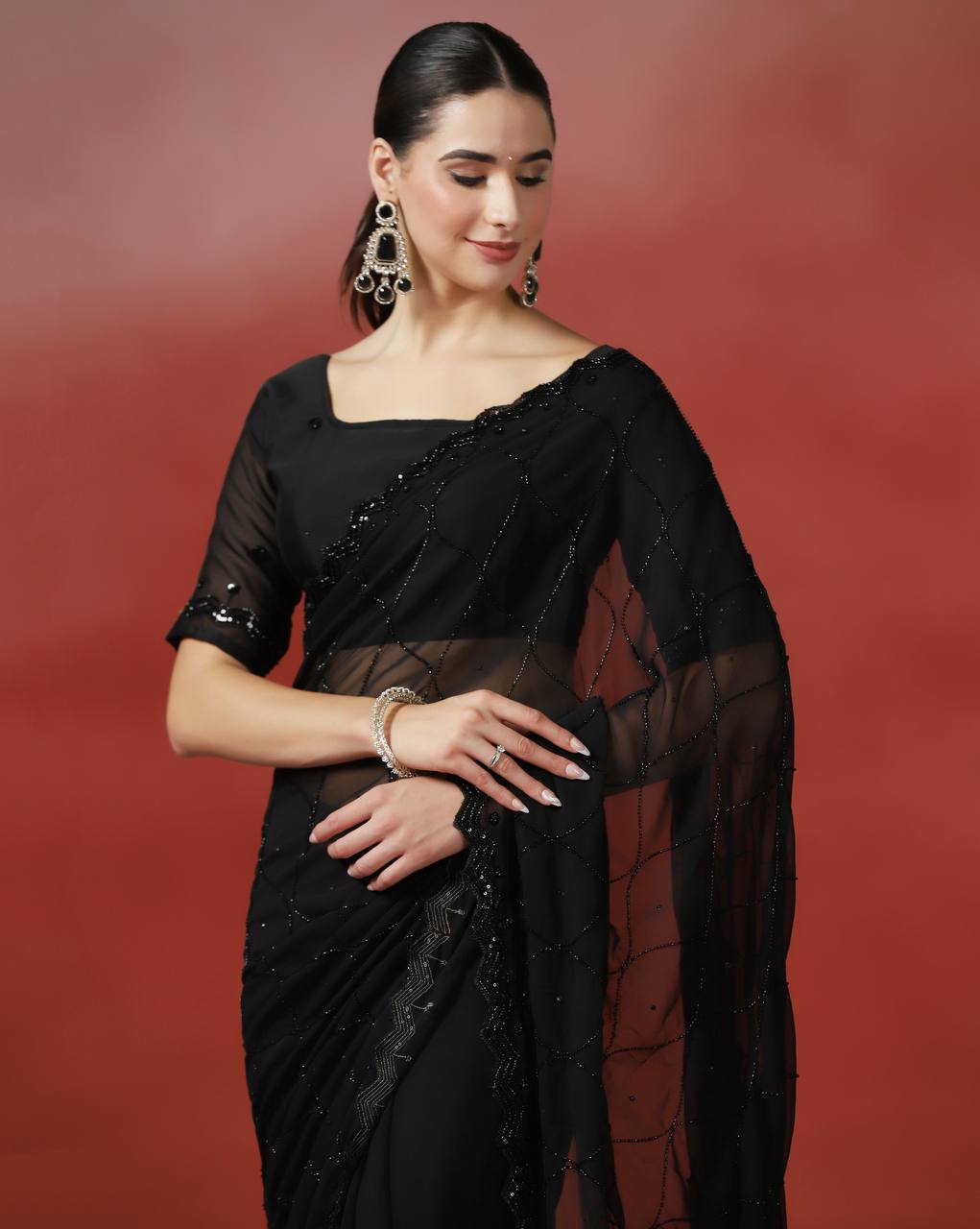 Xavier Pure Georgette Sequence And Cutdana Handwork Saree