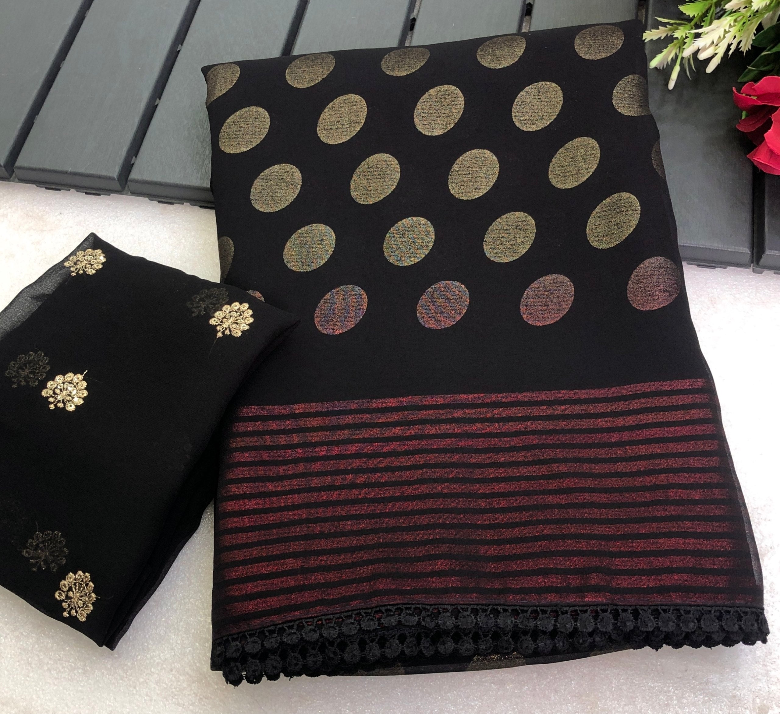 From Faux Georgette Geometrical Foil Printed Saree