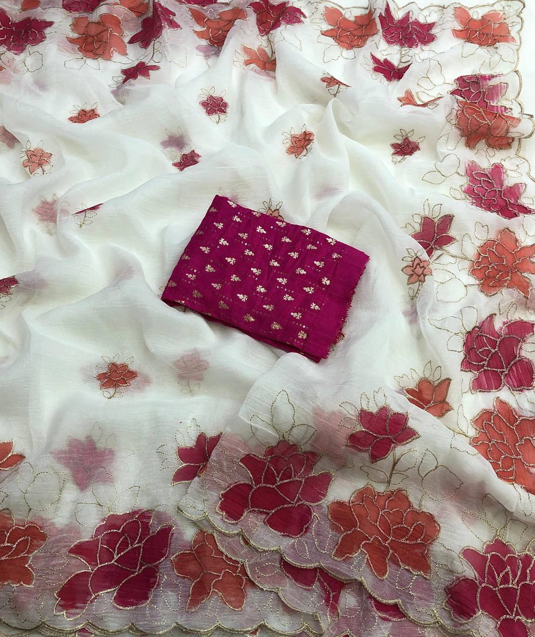 Hispanic Crunchy Gold Zari Embroidery Saree