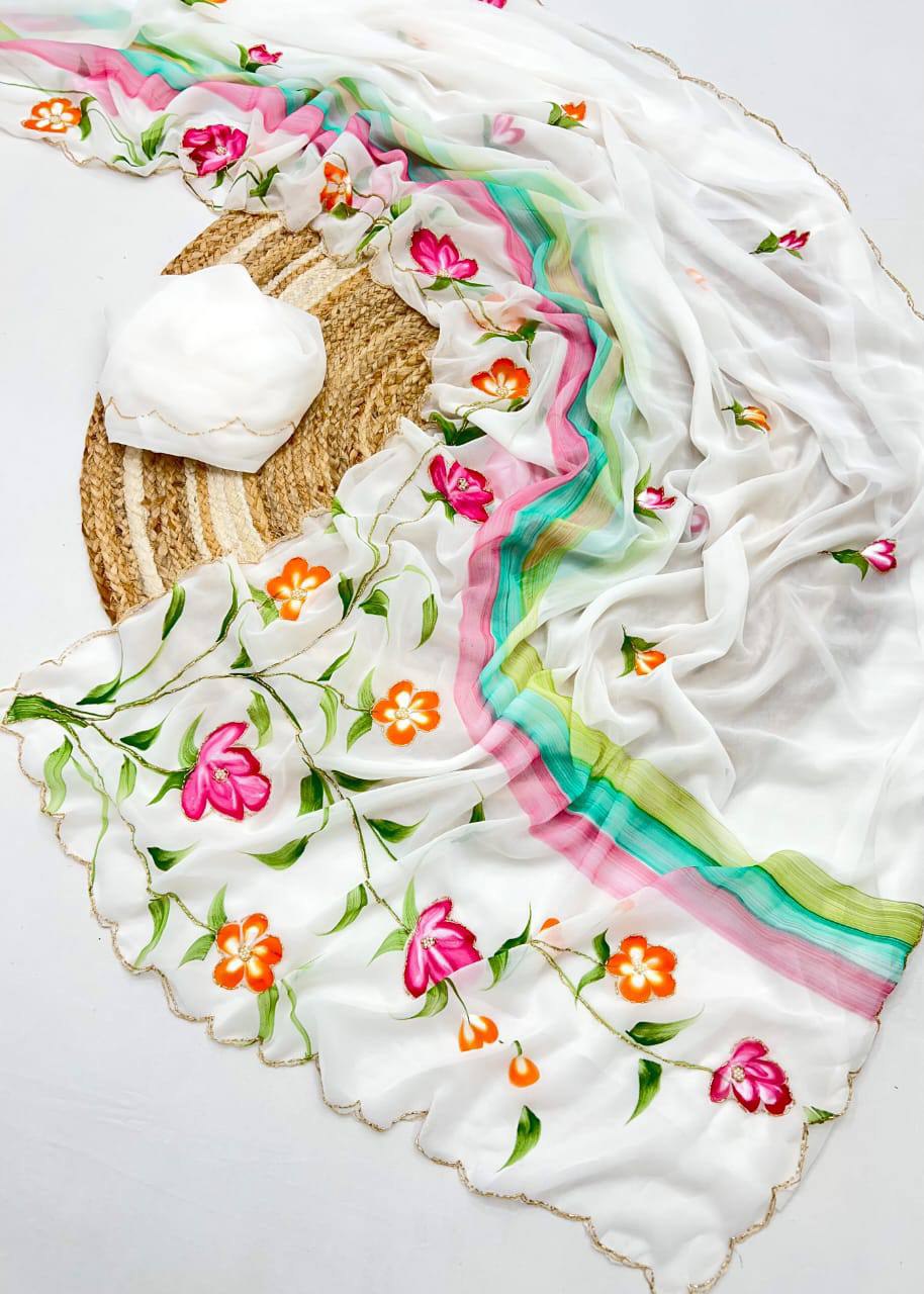 Solid Soft Pure Georgette Handwork Saree