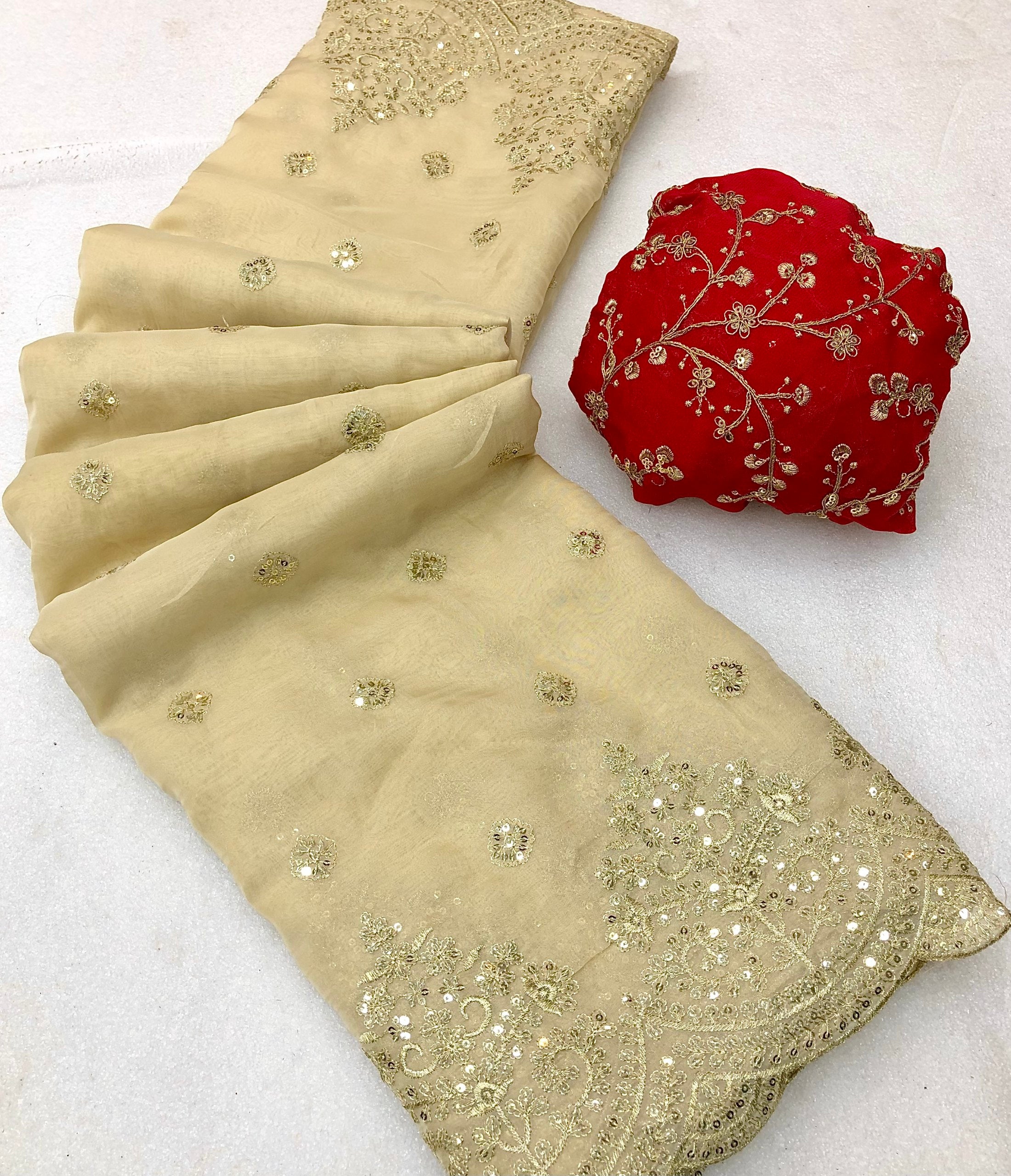 Crunchy Organza Tebby Gold Zari Embroidery Saree