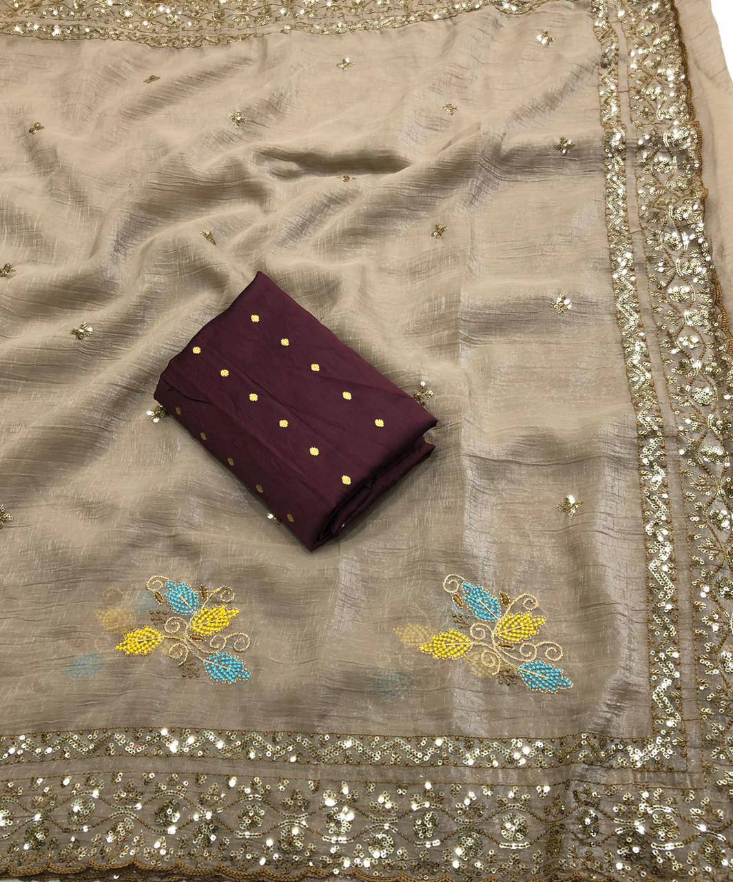 Ash Soft Crunchy Embroidery Work Saree