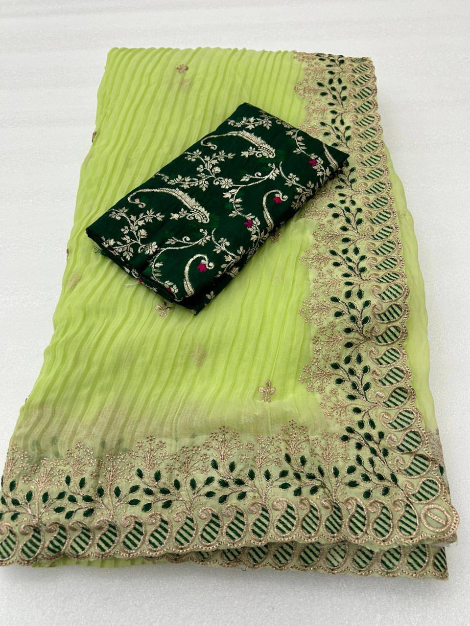 Knock fox Georgette Crush Embroidery Work Saree