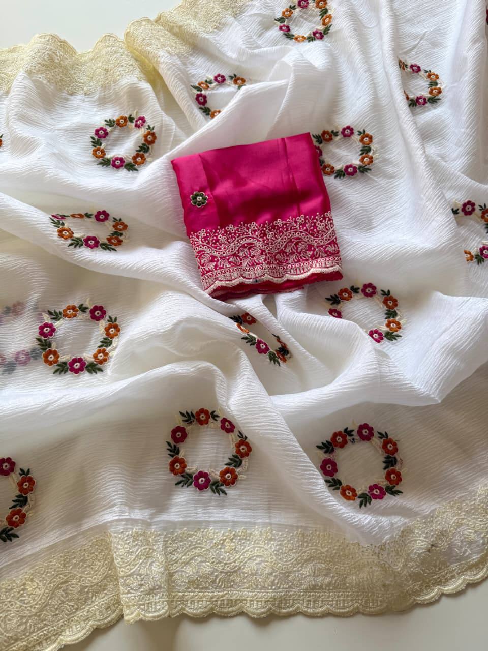 Basic Pure Crush Georgette Chiffon Embroidery Saree