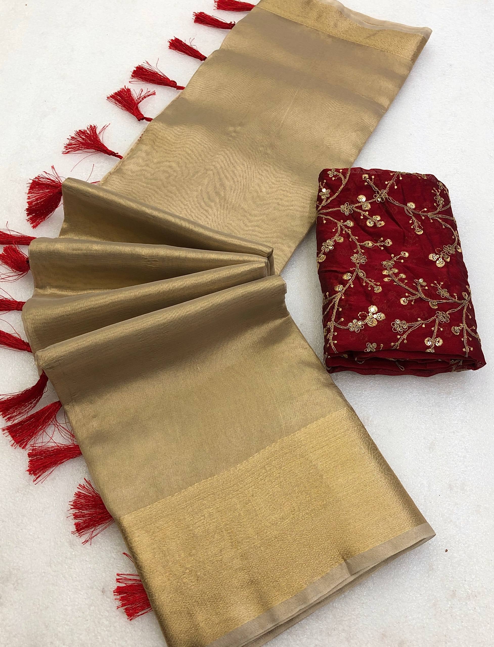 Goldish Tissue Silk Gold Zari Weaving Saree