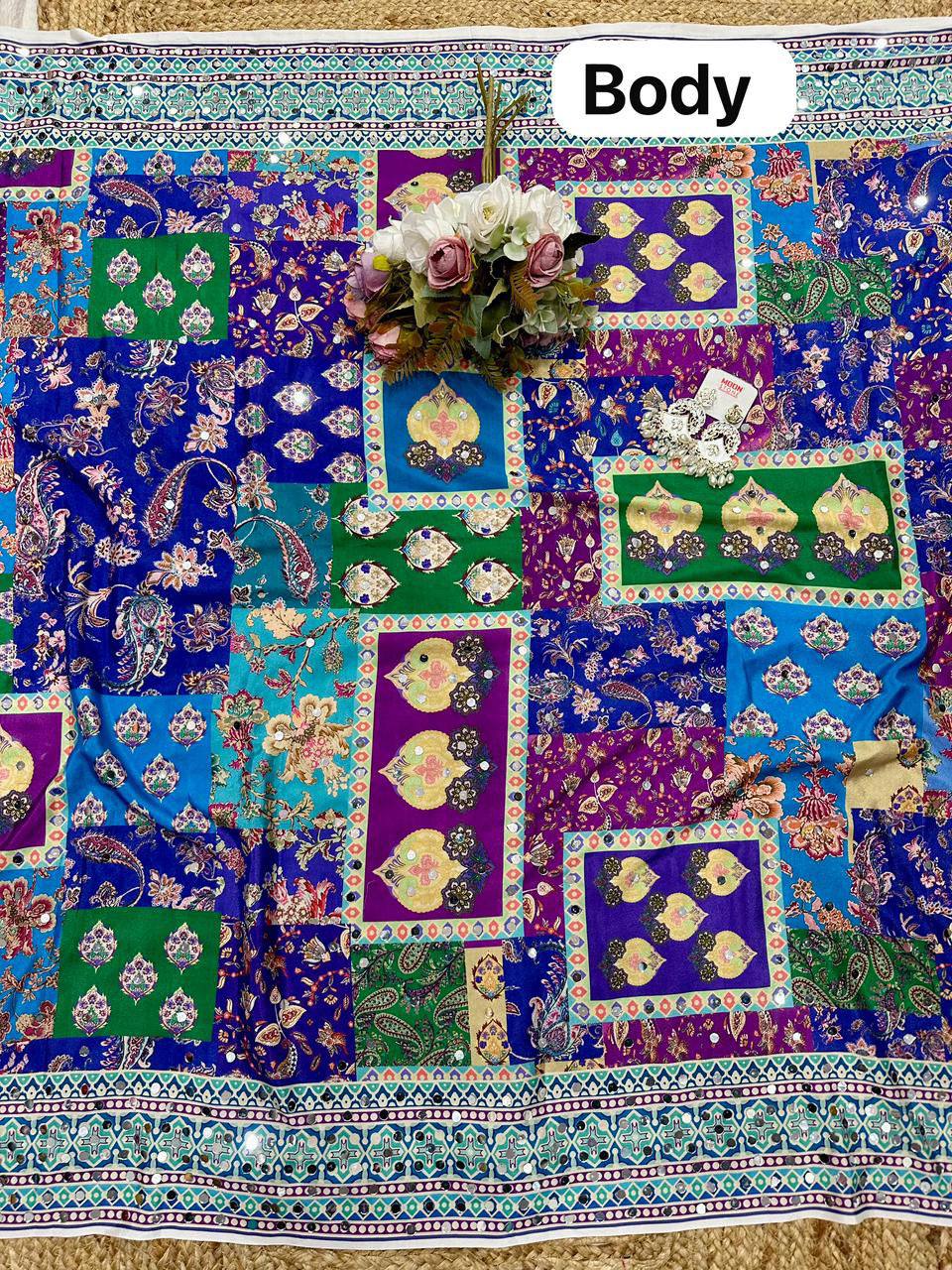 Zareef Crepe Silk Digital Print With Mirror Work Saree